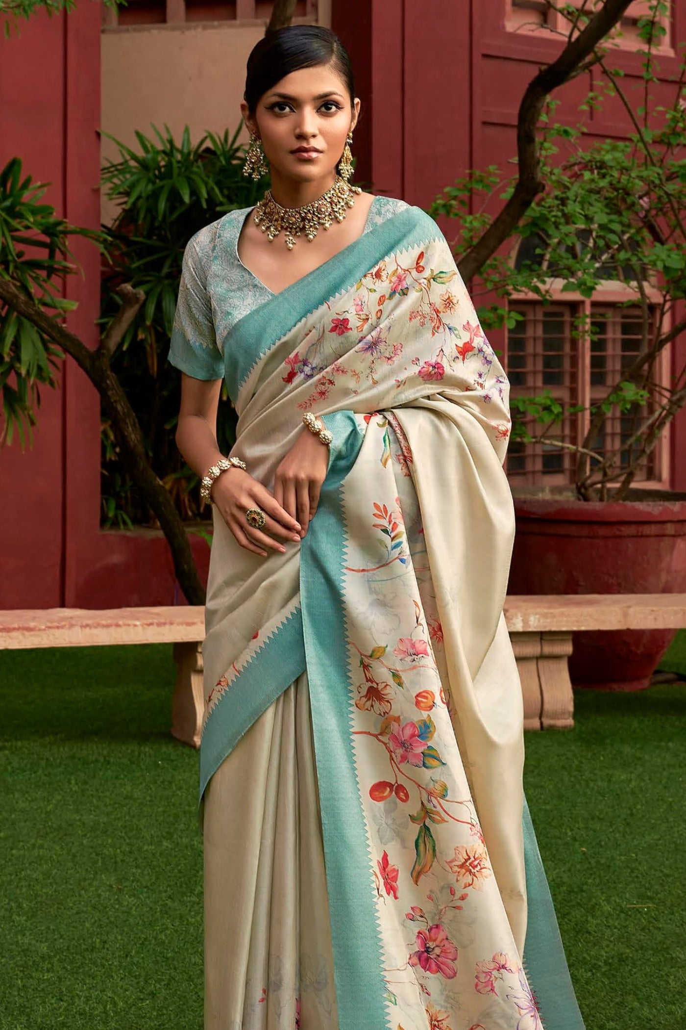 MySilkLove Albescent White and Blue Digital Printed Banarasi Saree