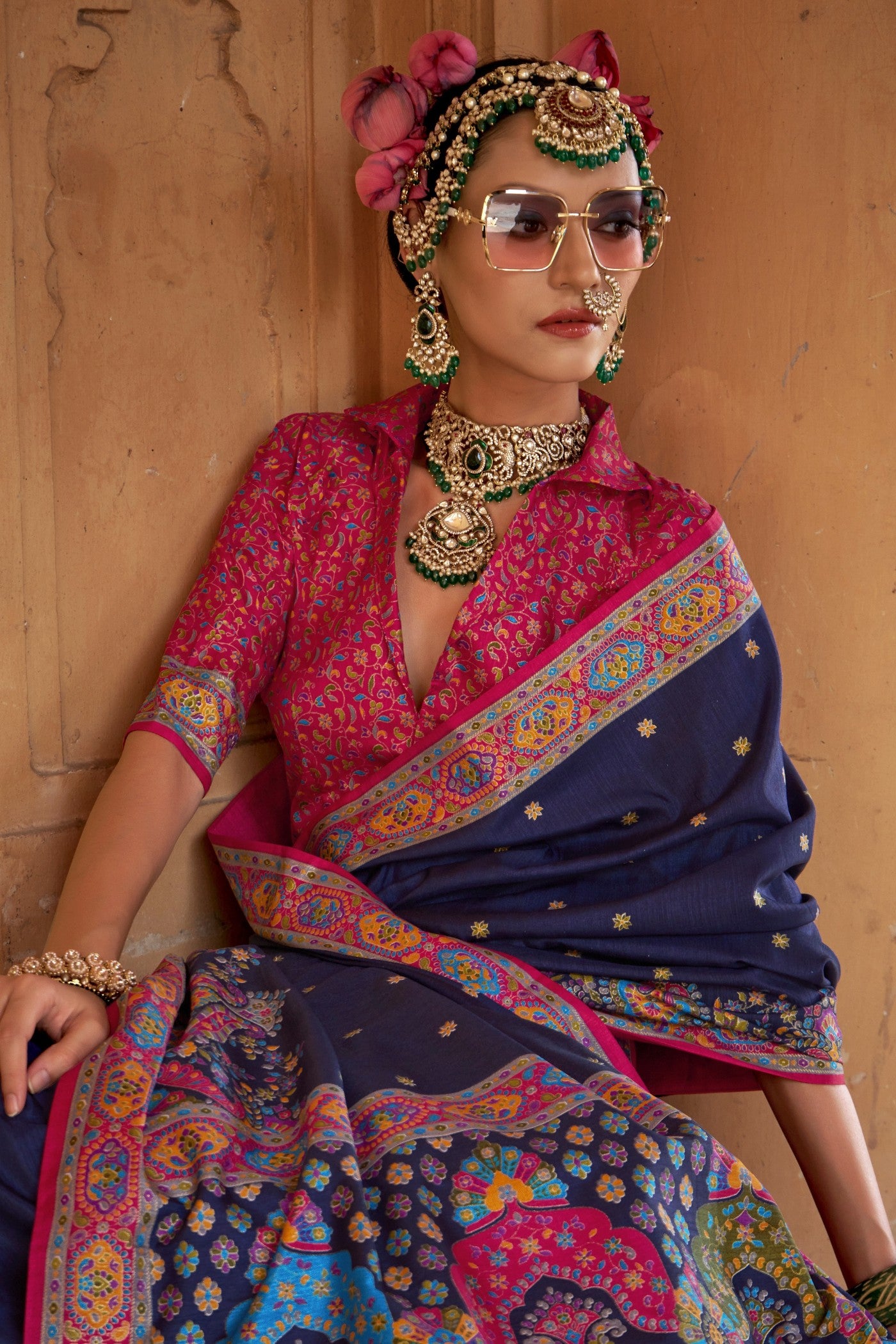 MySilkLove Navy Blue Printed Banarasi Saree