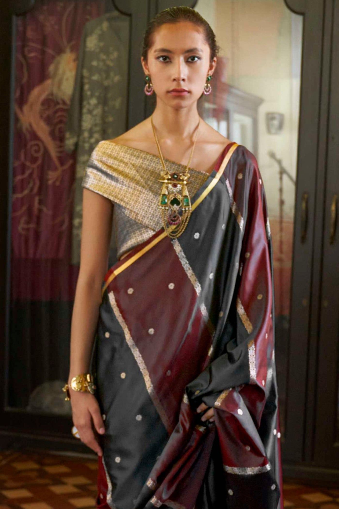 Buy MySilkLove Rich Maroon and Black Handloom Rangkat Banarasi Satin Silk Saree Online
