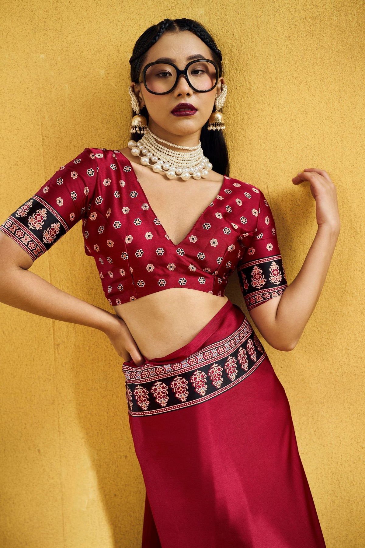 Buy MySilkLove Ruby Red Modal Ajrakh Satin Printed Silk Saree Online