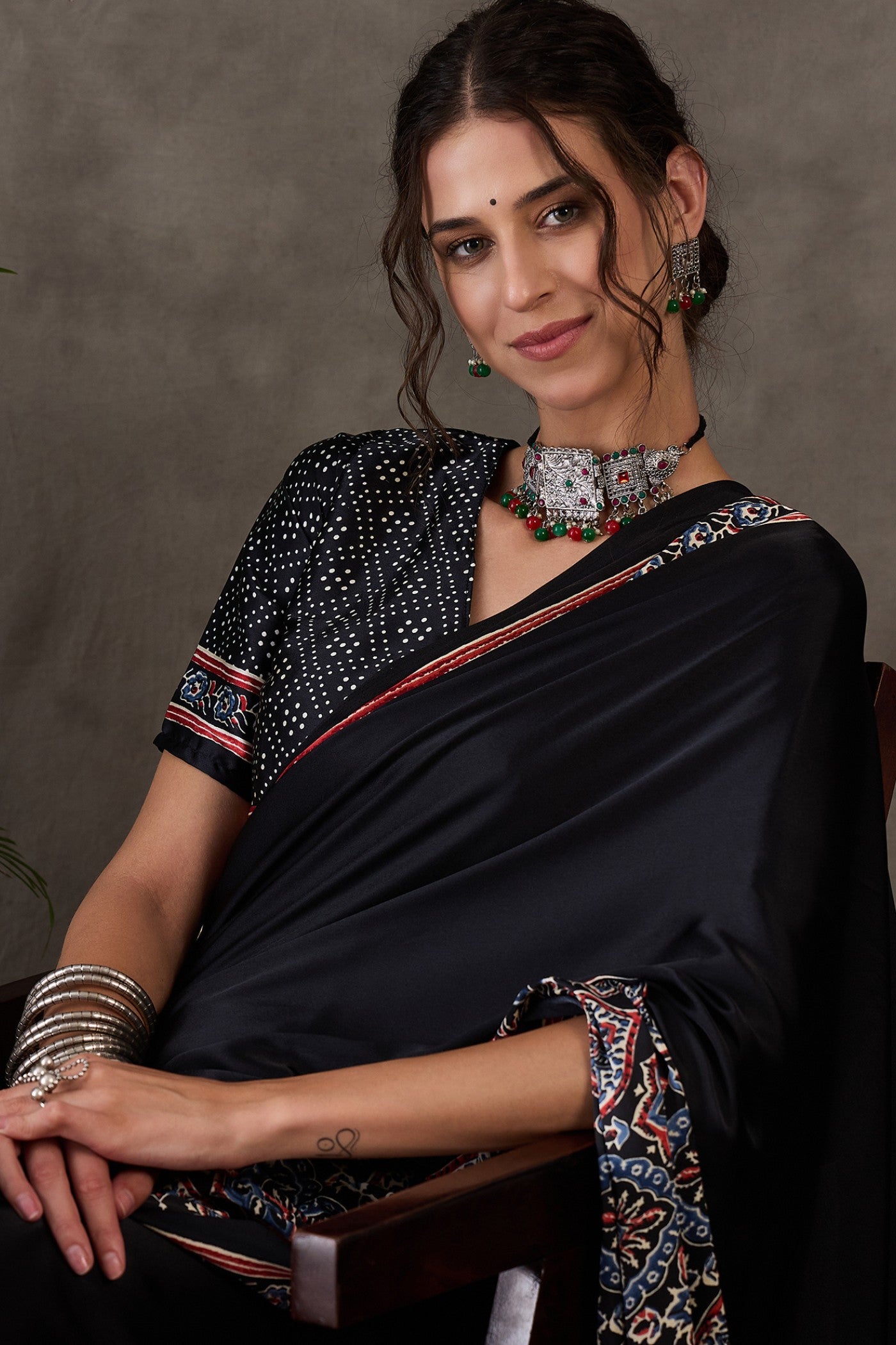 MySilkLove Metal Black Printed Satin Gaji Silk Saree
