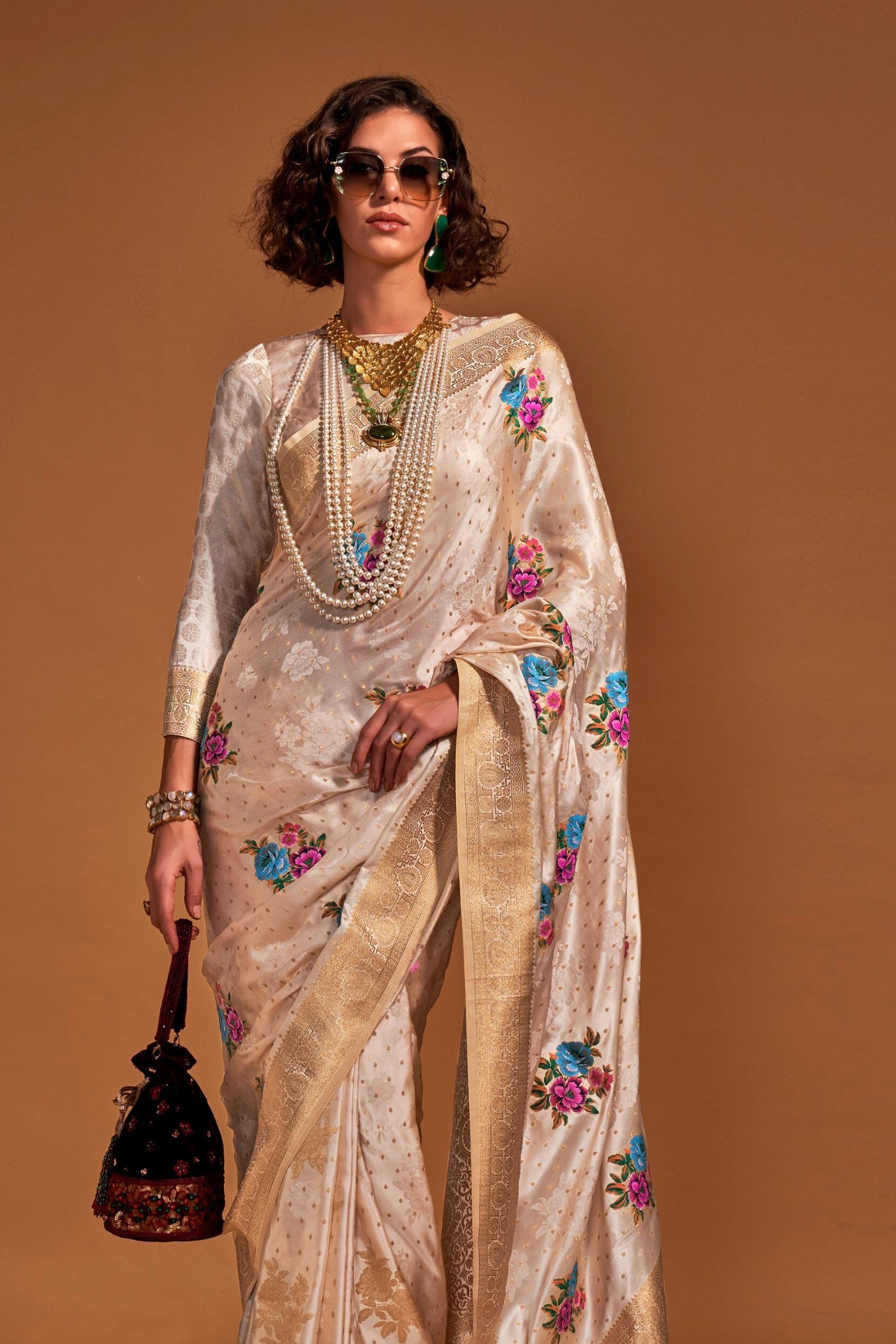 Buy MySilkLove Grain Cream Handloom Satin Silk Saree Online