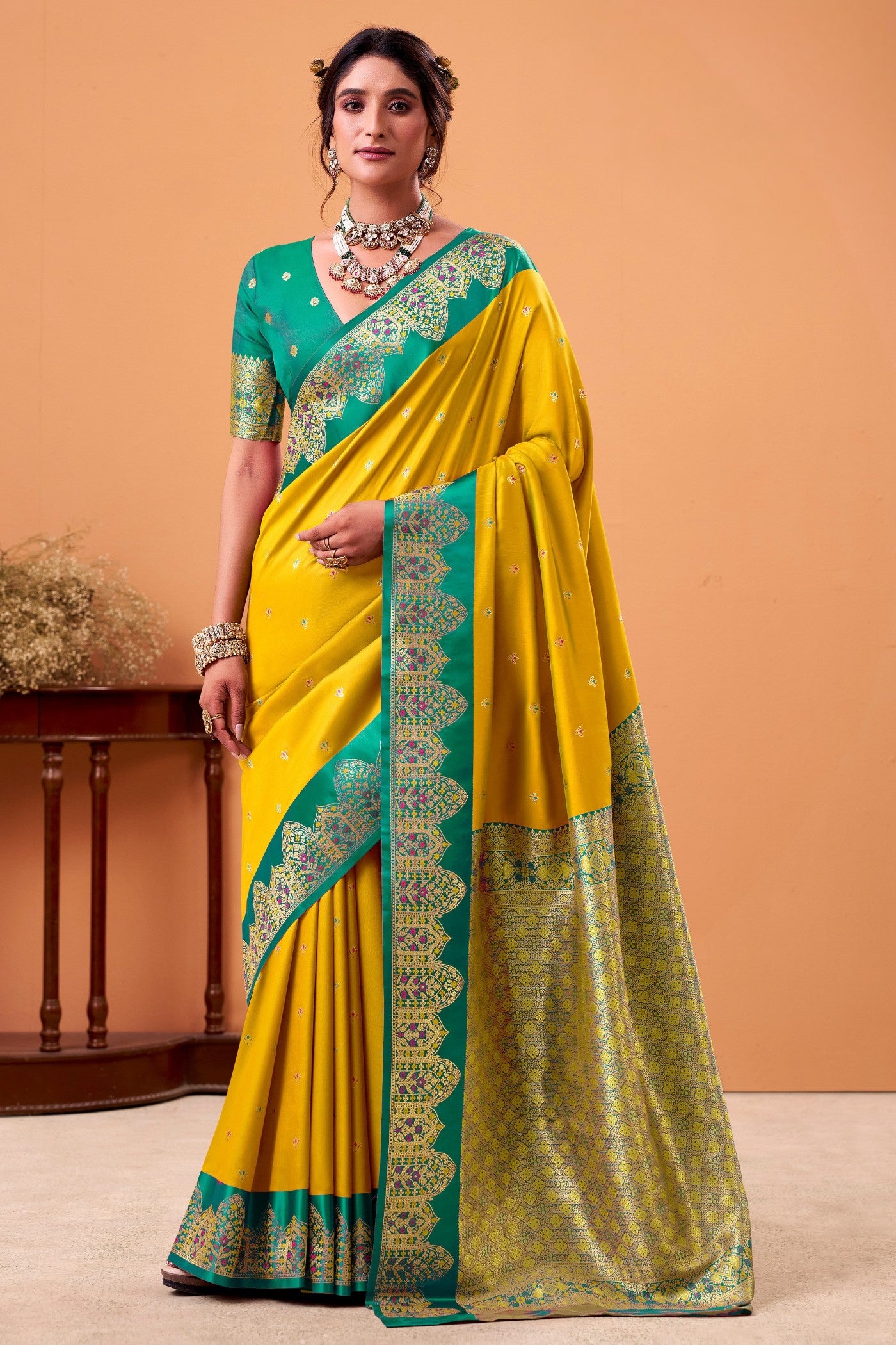 Buy MySilkLove Minion Yellow Woven Satin Soft Silk Saree Online