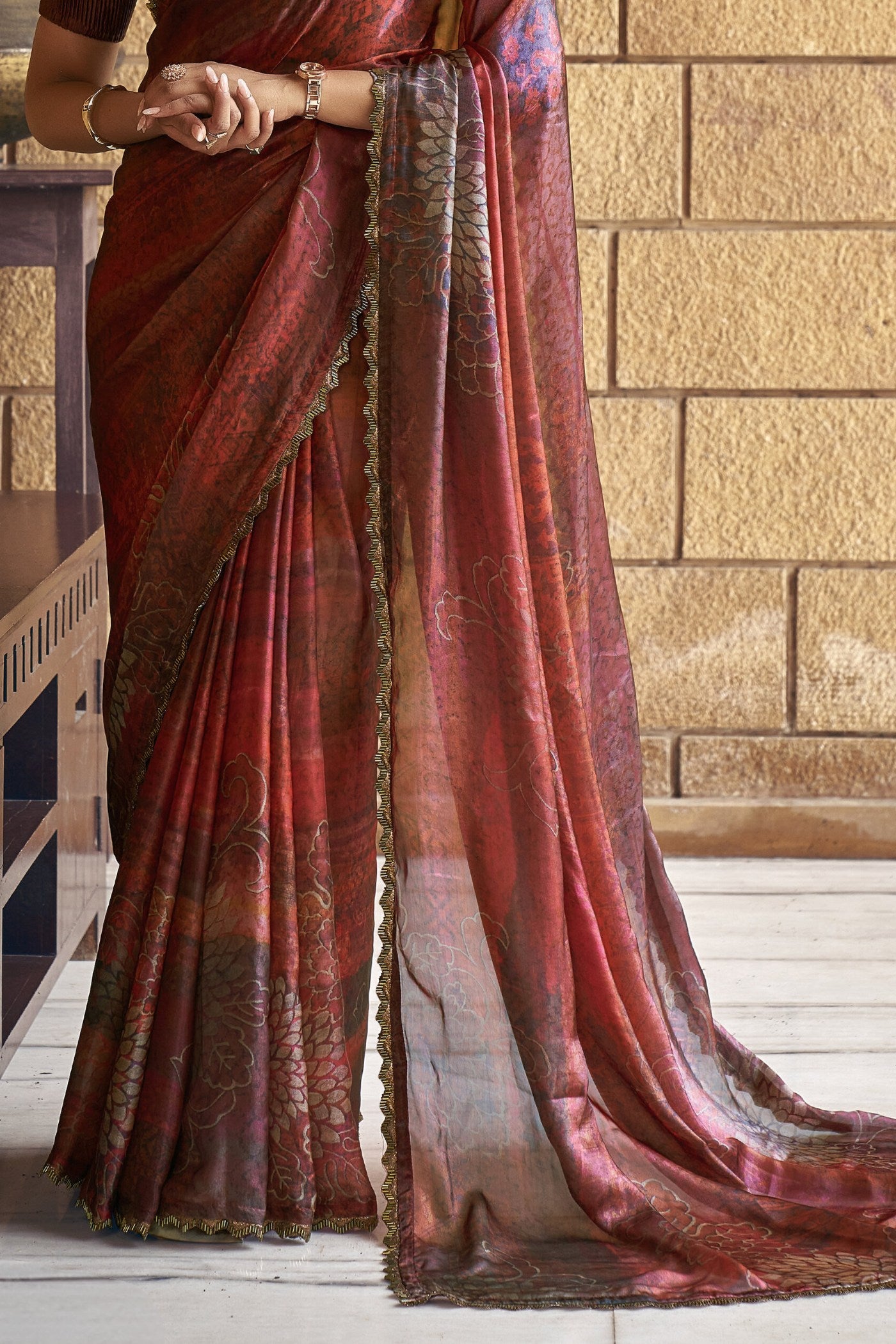 Buy MySilkLove Ironstone Brown Satin Printed Silk Saree Online