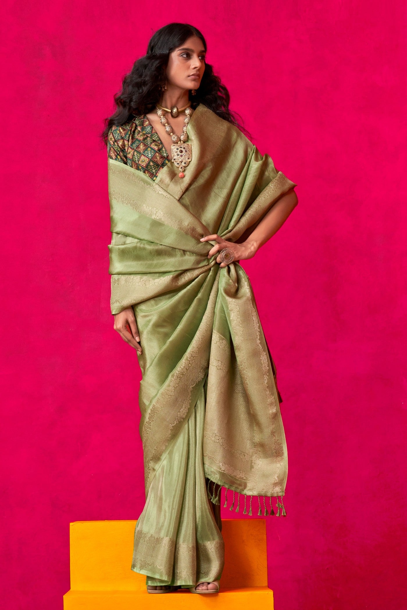 Buy MySilkLove Goblin Green Tissue Silk Saree Online