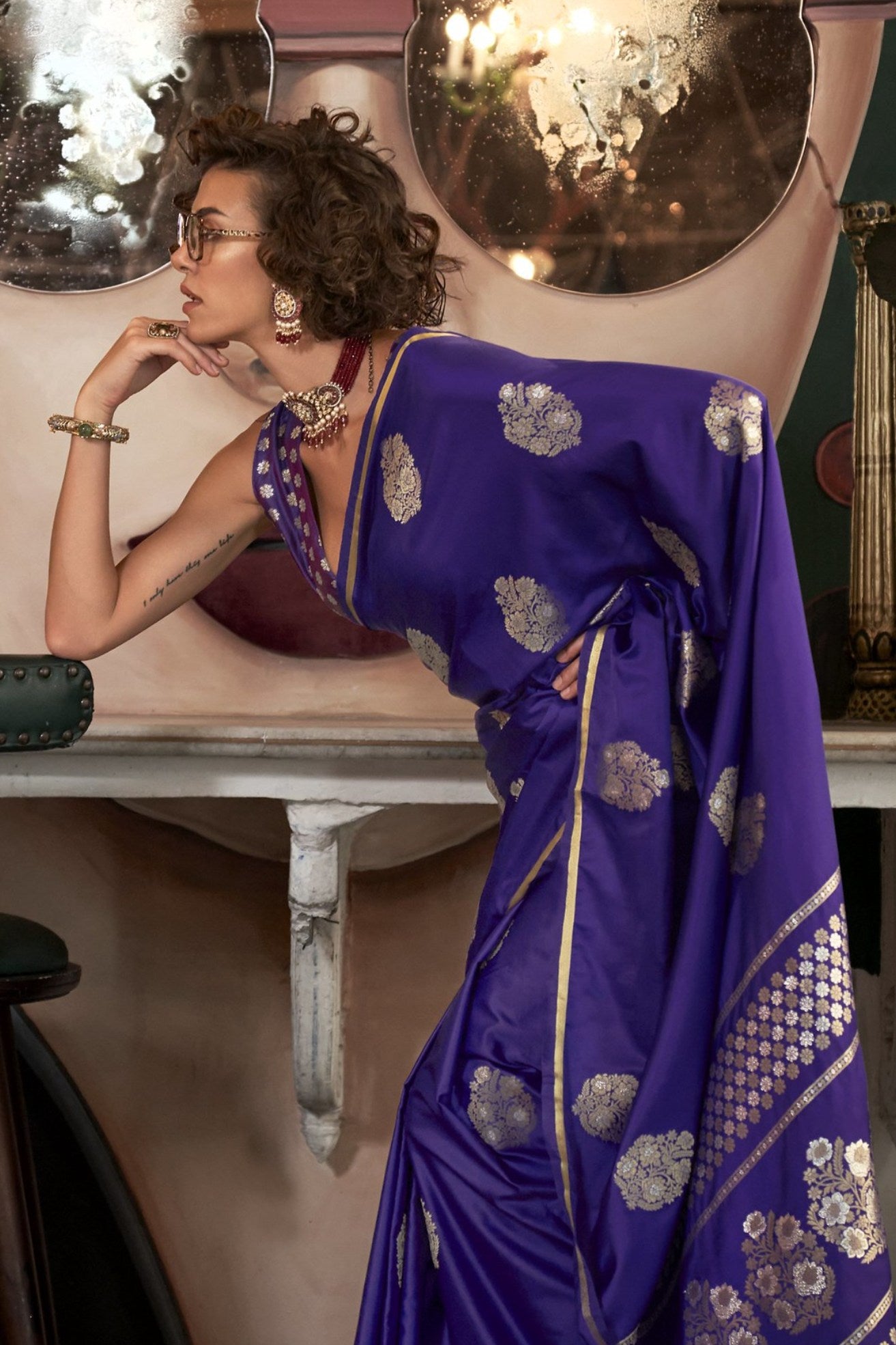 Buy MySilkLove Port Gore Purple Banarasi Handloom Satin Saree Online