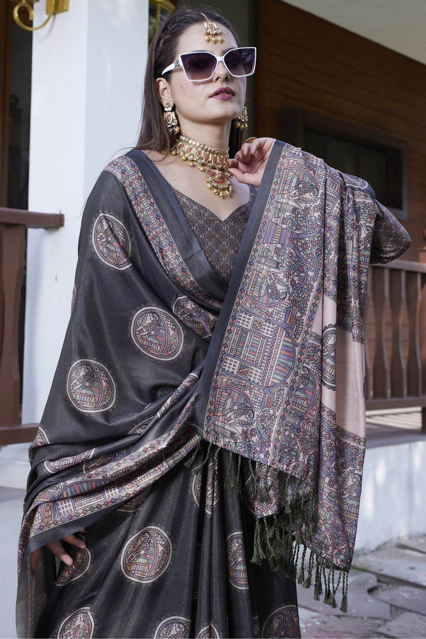 MySilkLove Ink Black Banarasi Digital Printed Saree