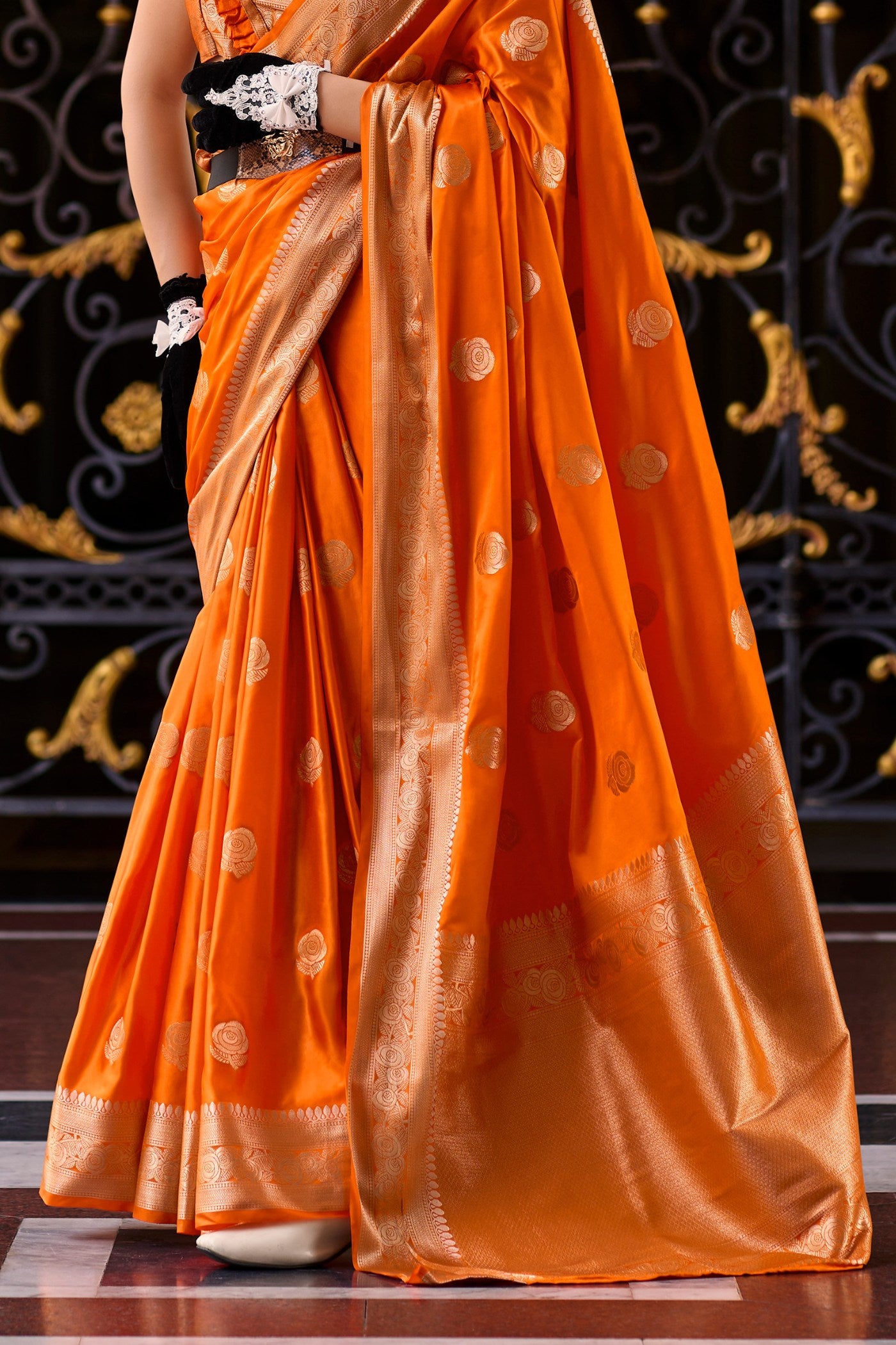 Buy MySilkLove Tia Maria Orange Handloom Satin Banarasi Saree Online