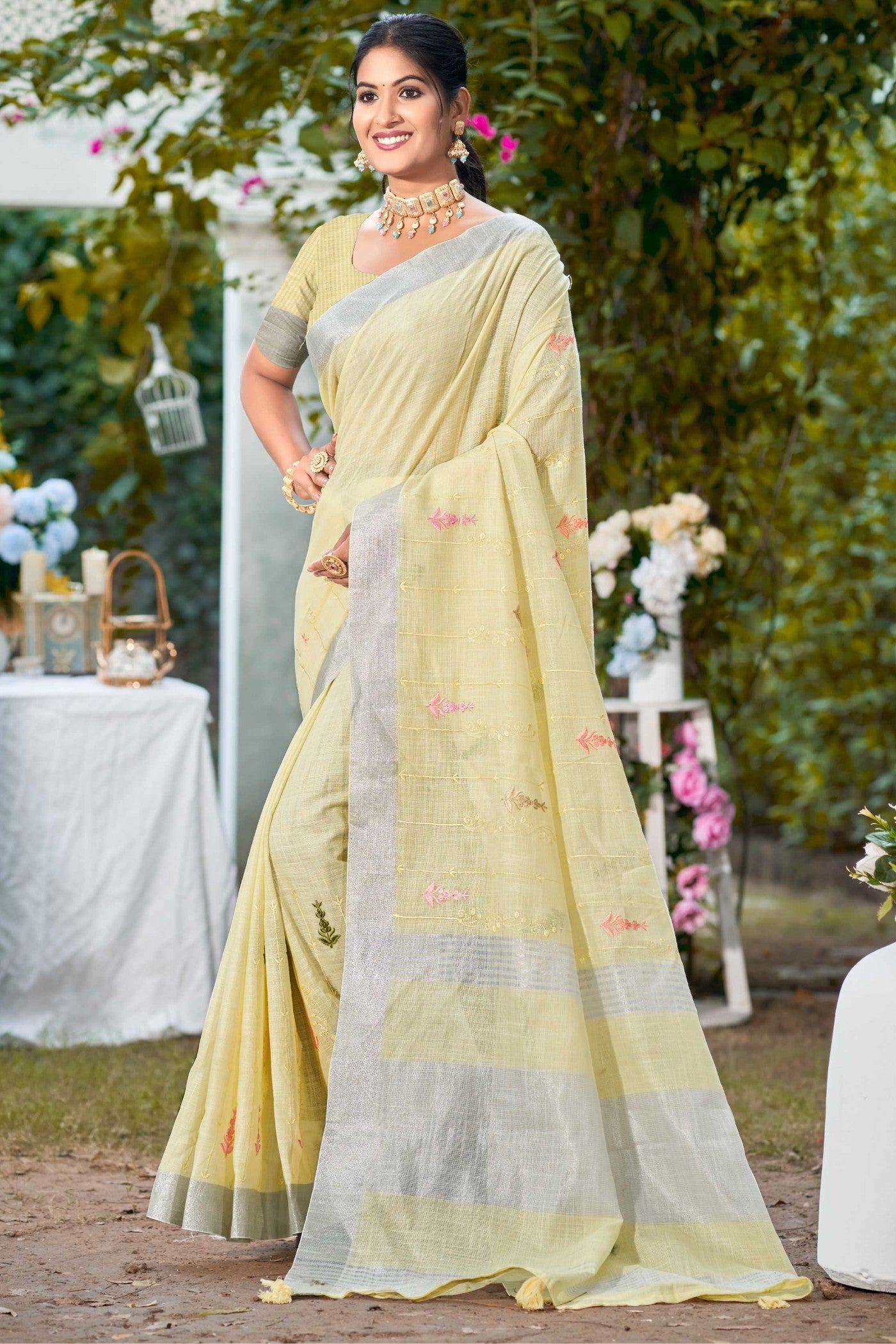 Buy MySilkLove Lemon Yellow Woven Cotton Linen Saree Online