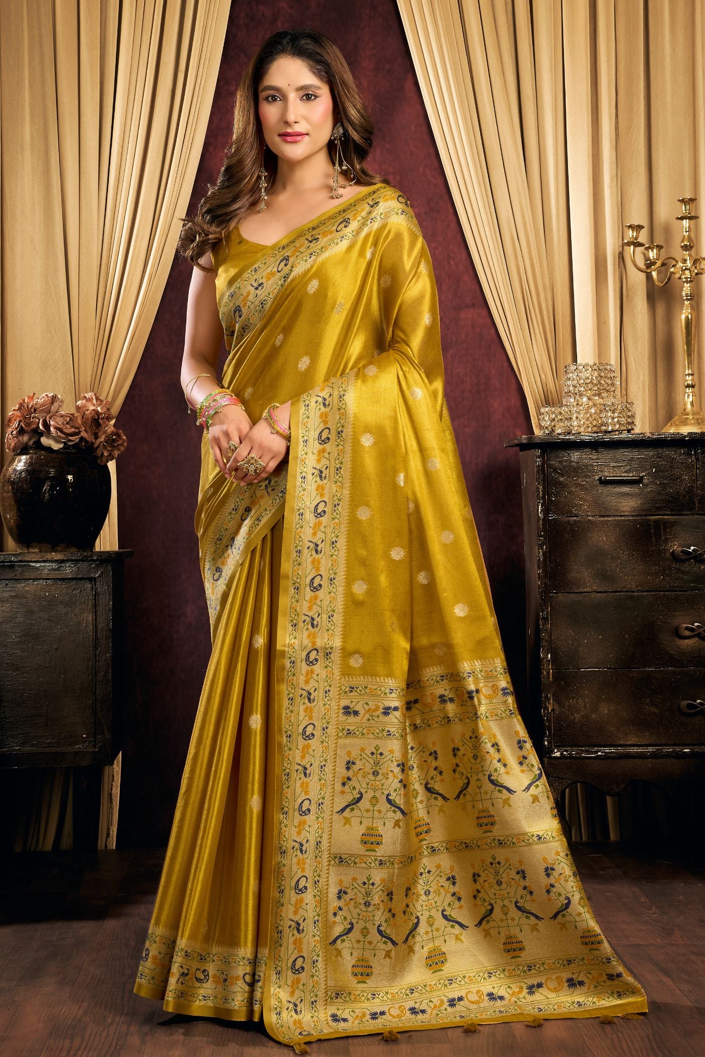 Buy MySilkLove Golden Yellow Woven Tissue Paithani Saree Online