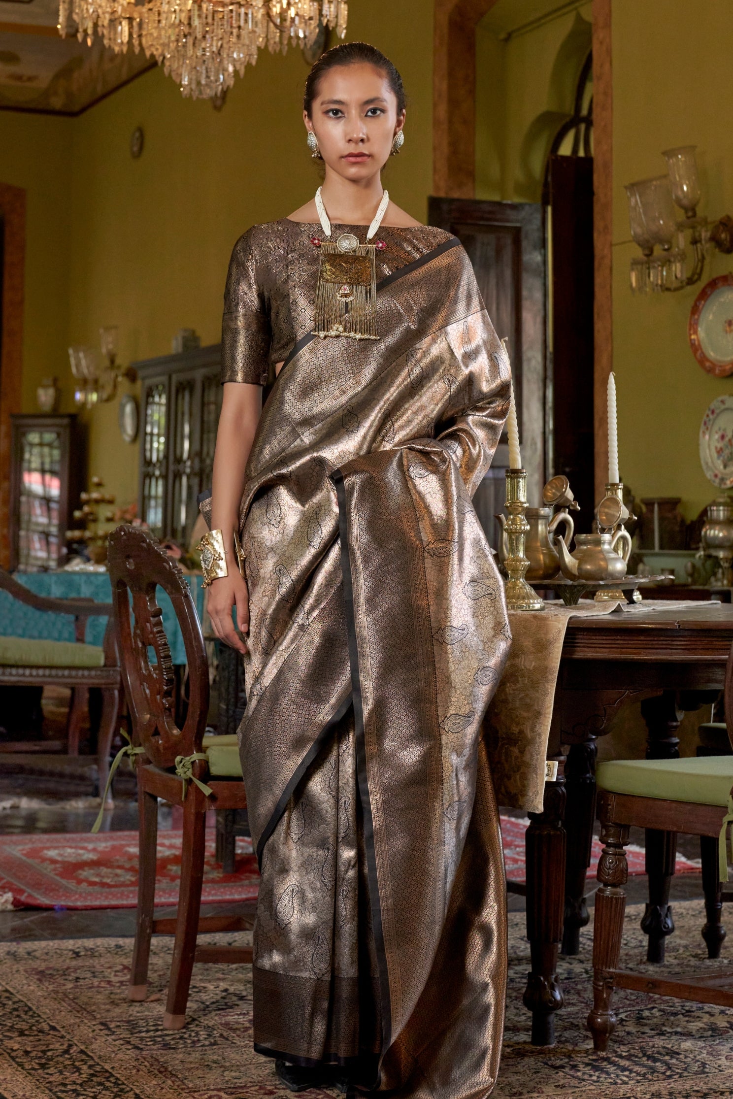 Buy MySilkLove Vampire Grey Handloom Kanjivaram Saree Online