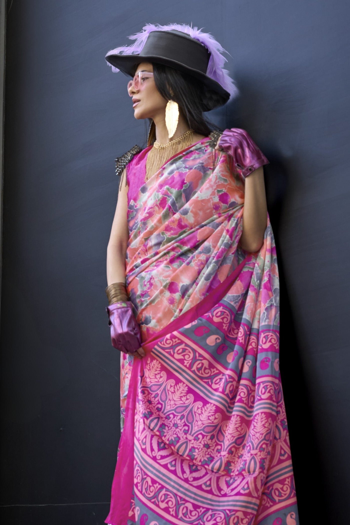 MySilkLove Punch Pink Printed Satin Crepe Silk Saree