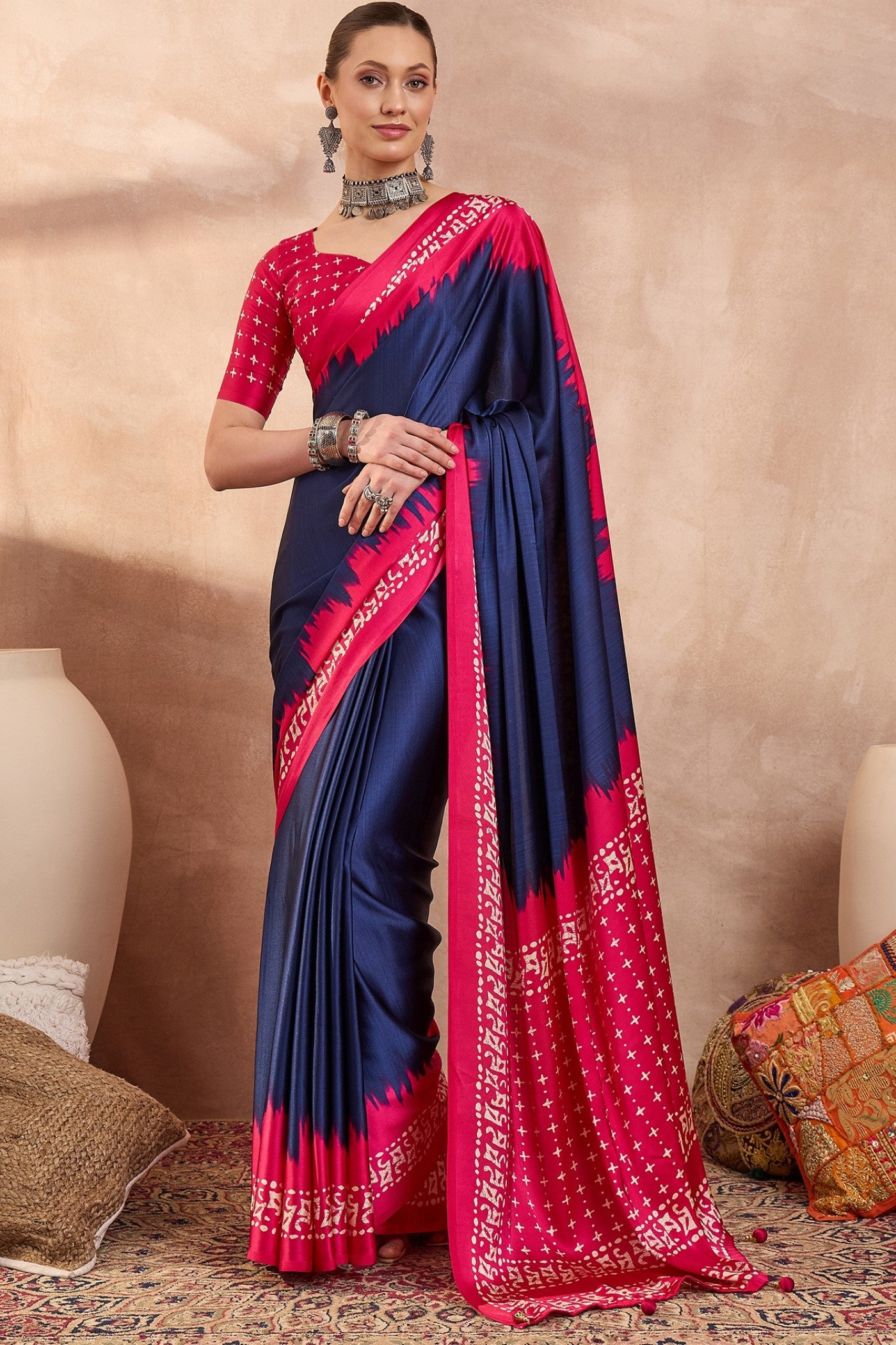 Buy MySilkLove Pigment Blue Printed Satin Crepe Silk Saree Online