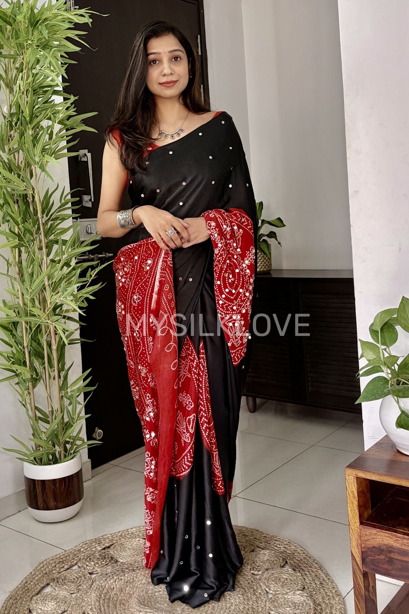 MySilkLove Charcoal Black and Red Gaji Bandej Satin Soft Silk Saree