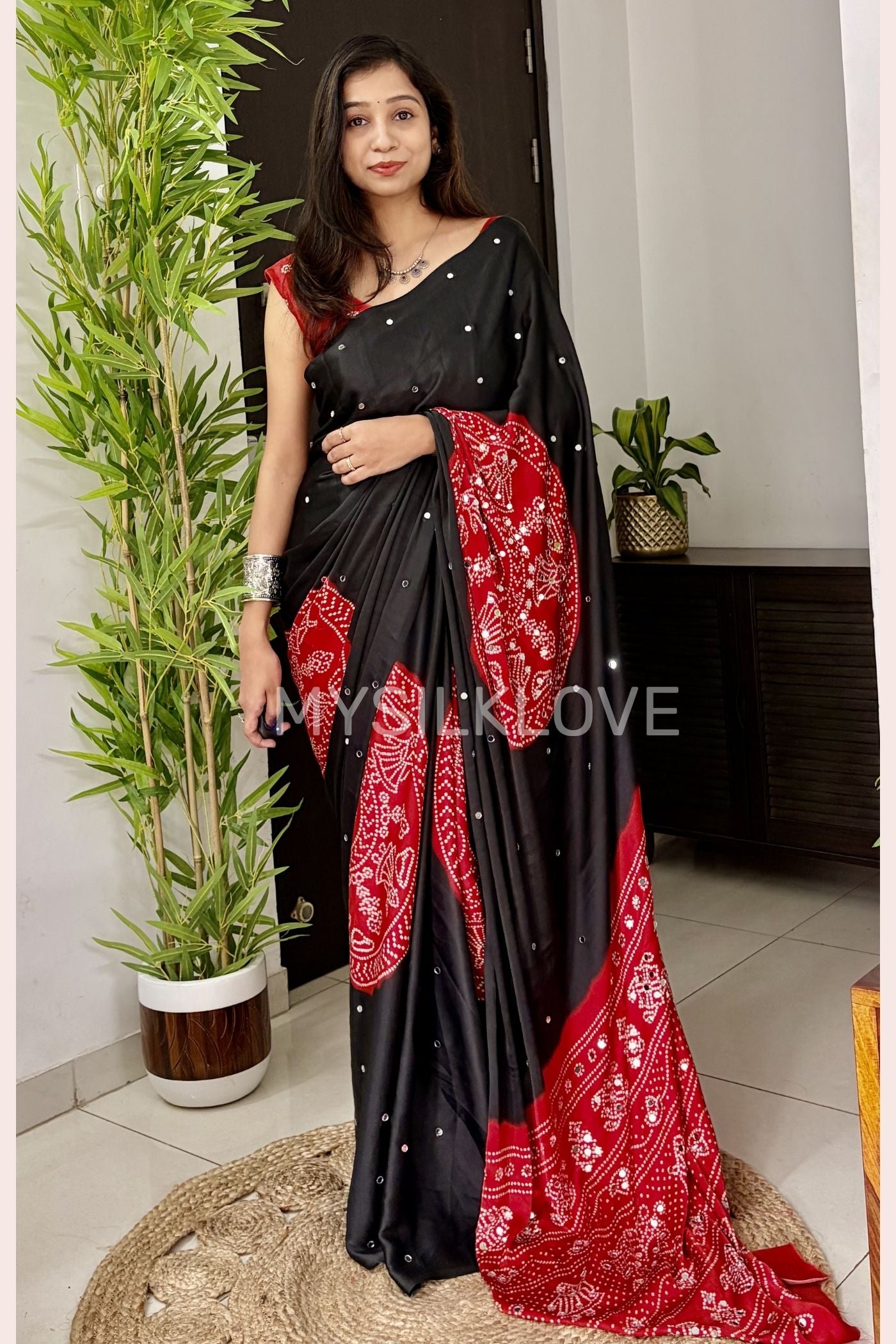 Buy MySilkLove Charcoal Black and Red Gaji Bandej Satin Soft Silk Saree Online