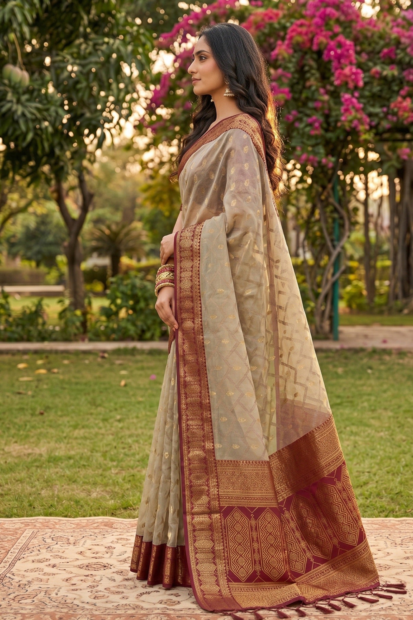 Buy MySilkLove Jasmine Cream and Red Woven Banarasi Cotton Saree Online