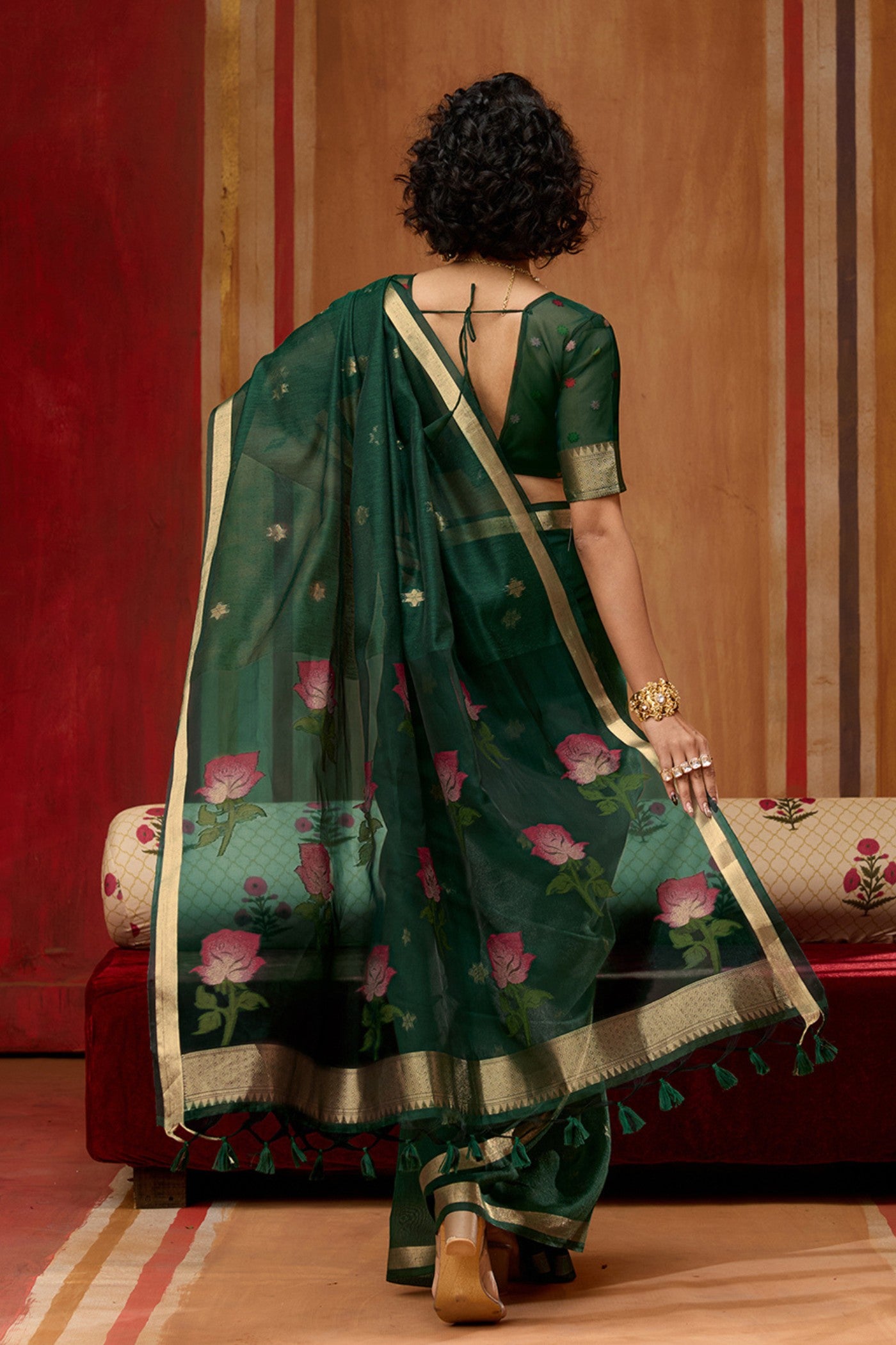 Buy MySilkLove Dark Green Handloom Muga Cotton Saree Online