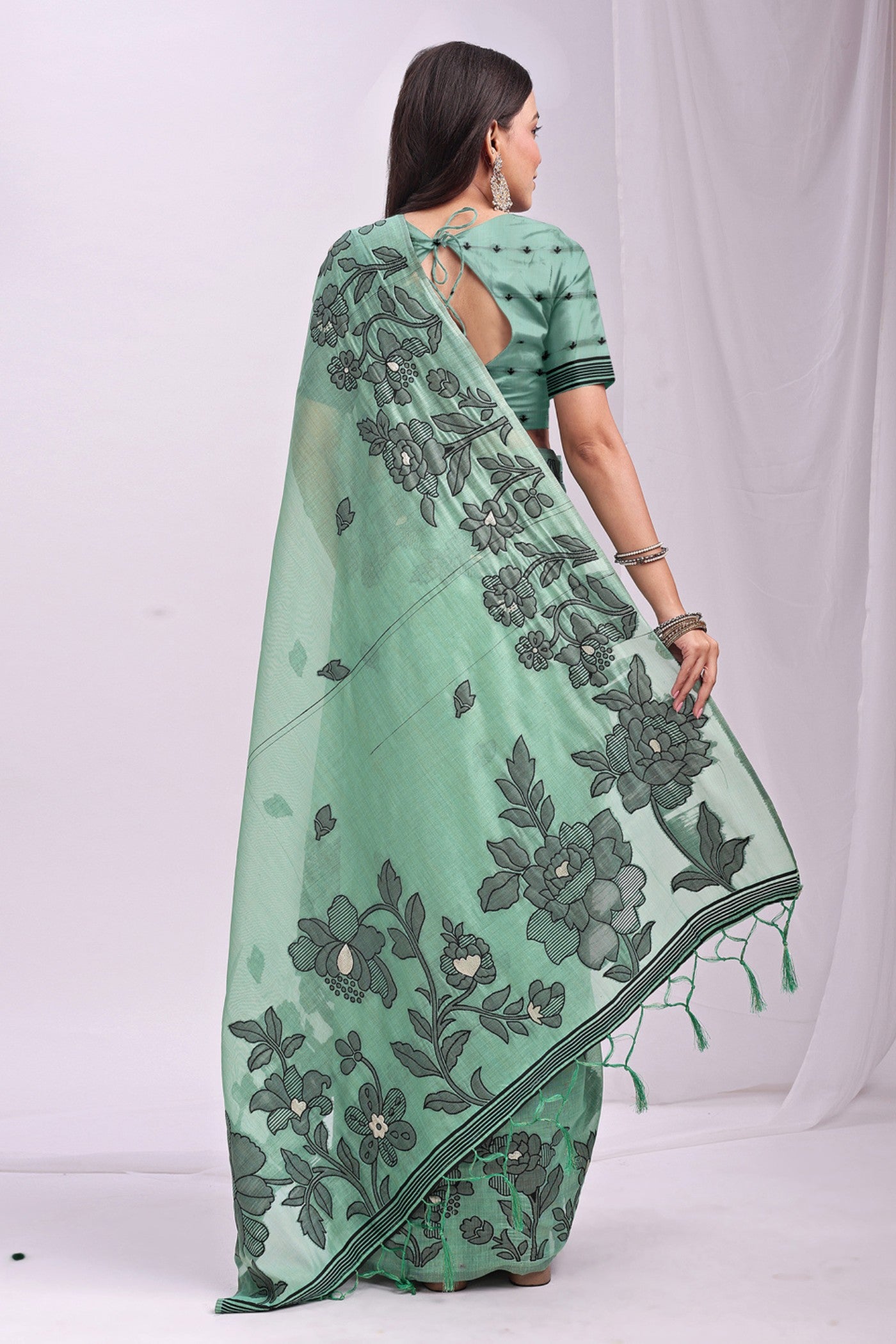 Buy MySilkLove Rama Green Woven Linen Cotton Saree Online