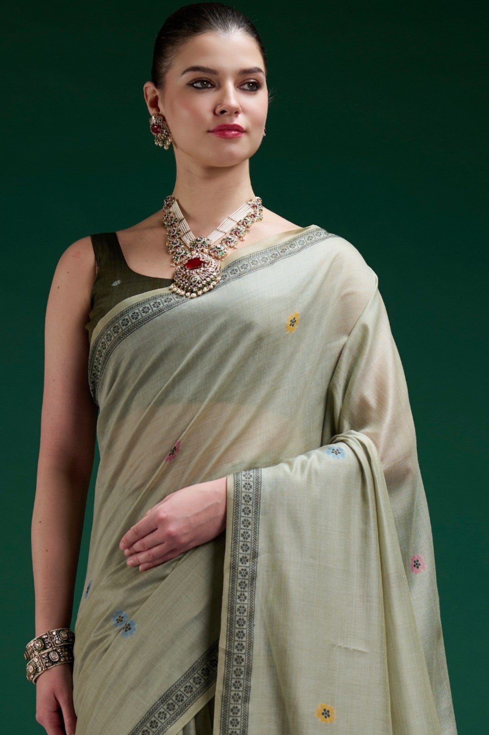 Buy MySilkLove Lime Green Jamdani Woven Muga Cotton Saree Online