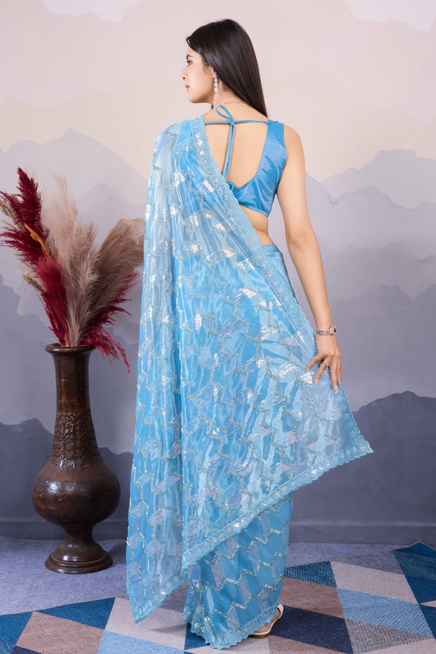 Buy MySilkLove Cornflower Blue Designer Partywear Saree Online