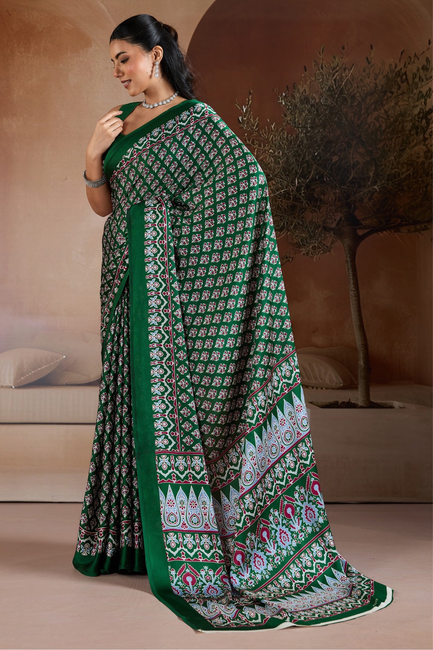 Buy MySilkLove Jungle Green Ajrakh Printed Satin Crepe Silk Saree Online
