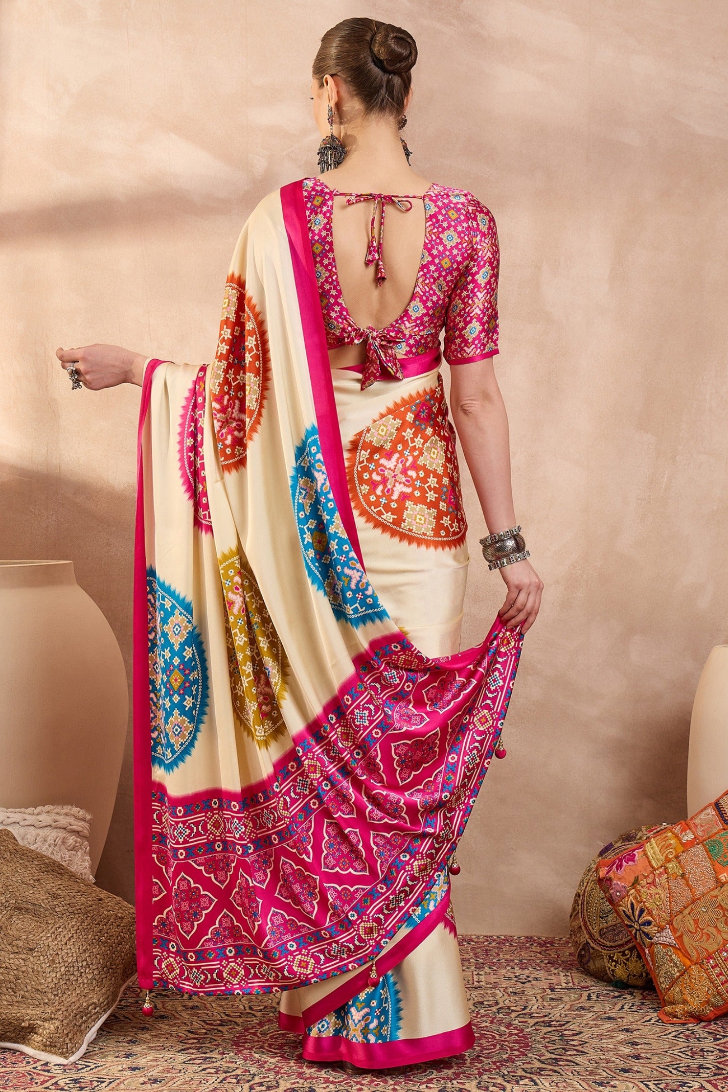 Buy MySilkLove Dutch Cream and Pink Modal Ajrakh Printed Silk Saree Online