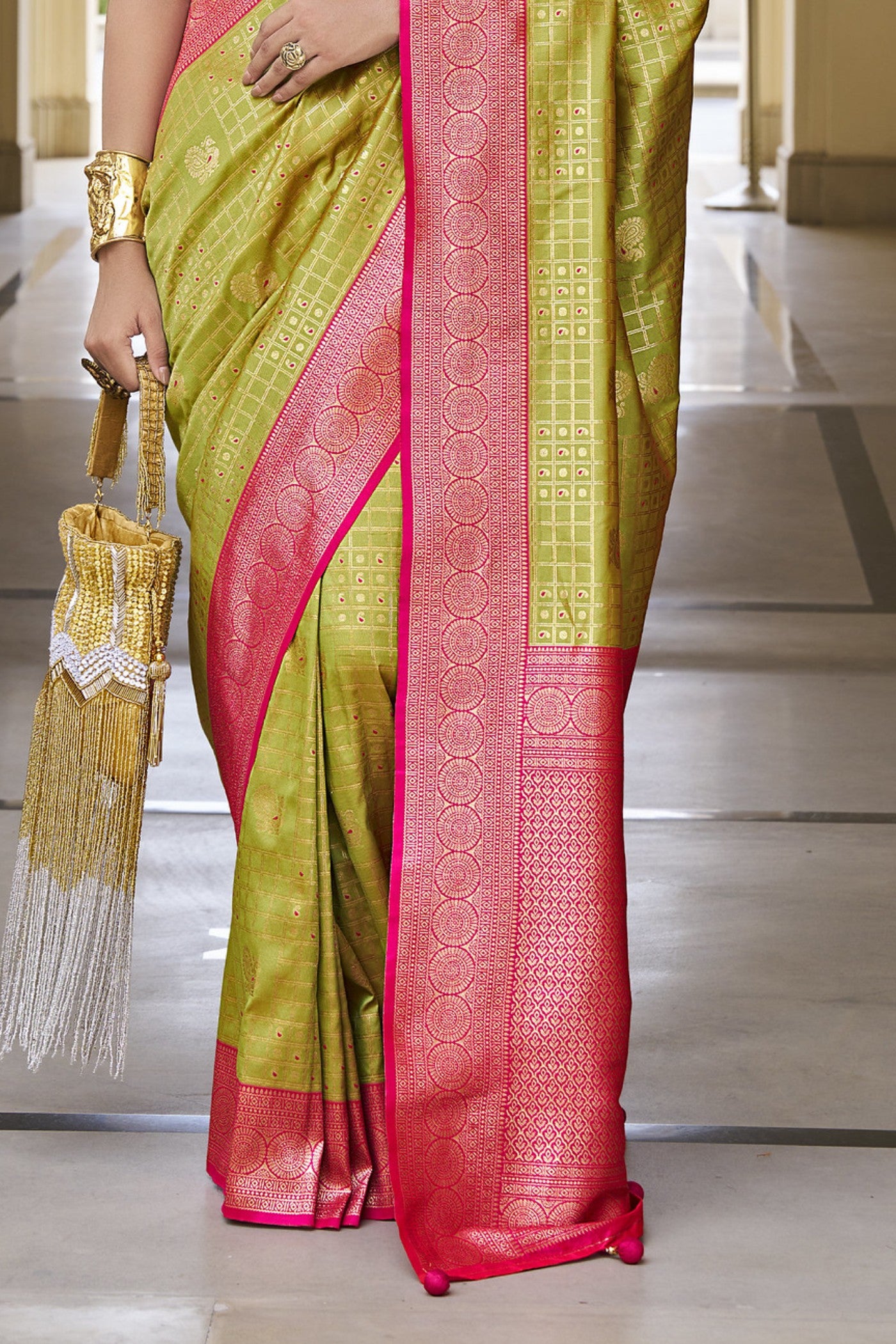 Buy MySilkLove Straw Green Woven Kanjivaram Saree Online