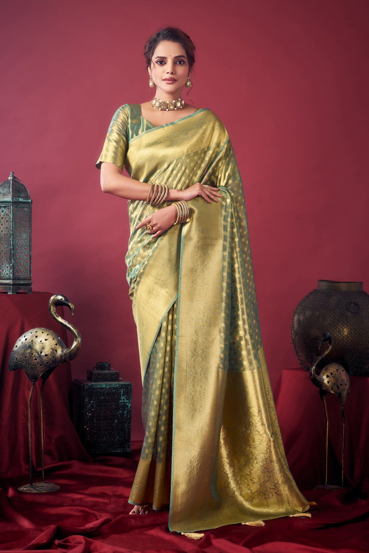 Buy MySilkLove Pine Green Handloom Tissue Silk Saree Online