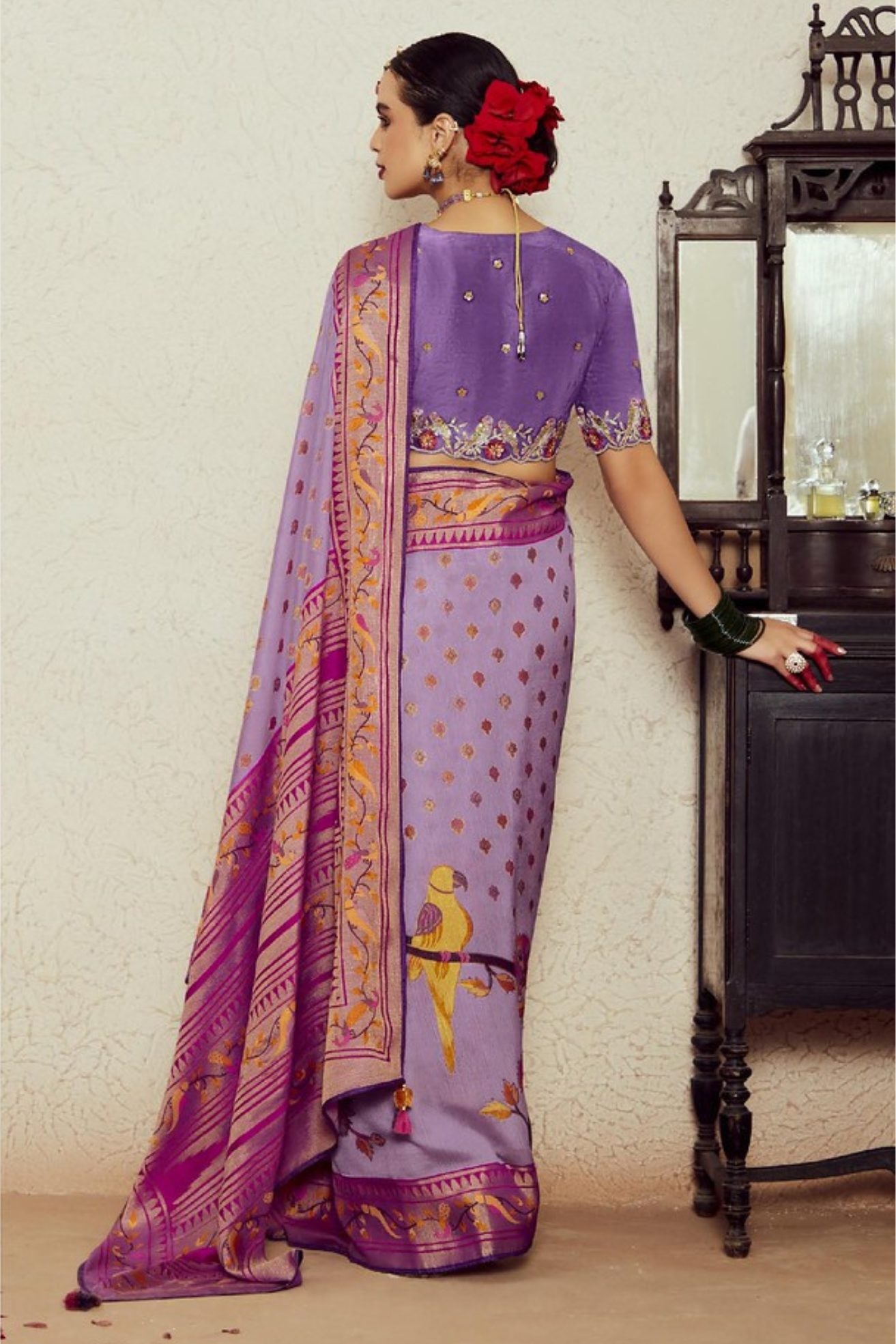 MySilkLove Glossy Grape Lavender Printed Brasso Soft Silk Saree