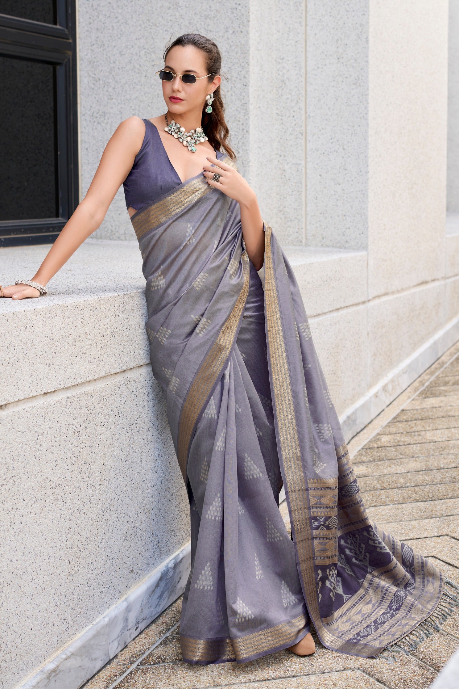 Buy MySilkLove Boulder Grey Ikkat Woven Banarasi Saree Online