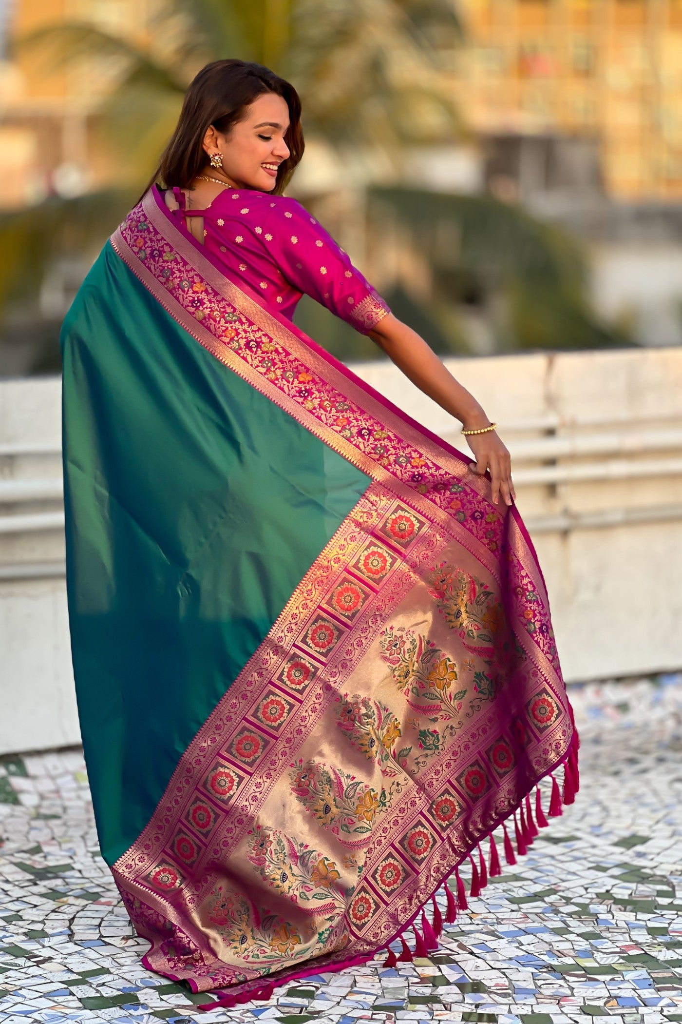 Buy MySilkLove Teal Green and Pink Zari Woven Paithani Saree Online