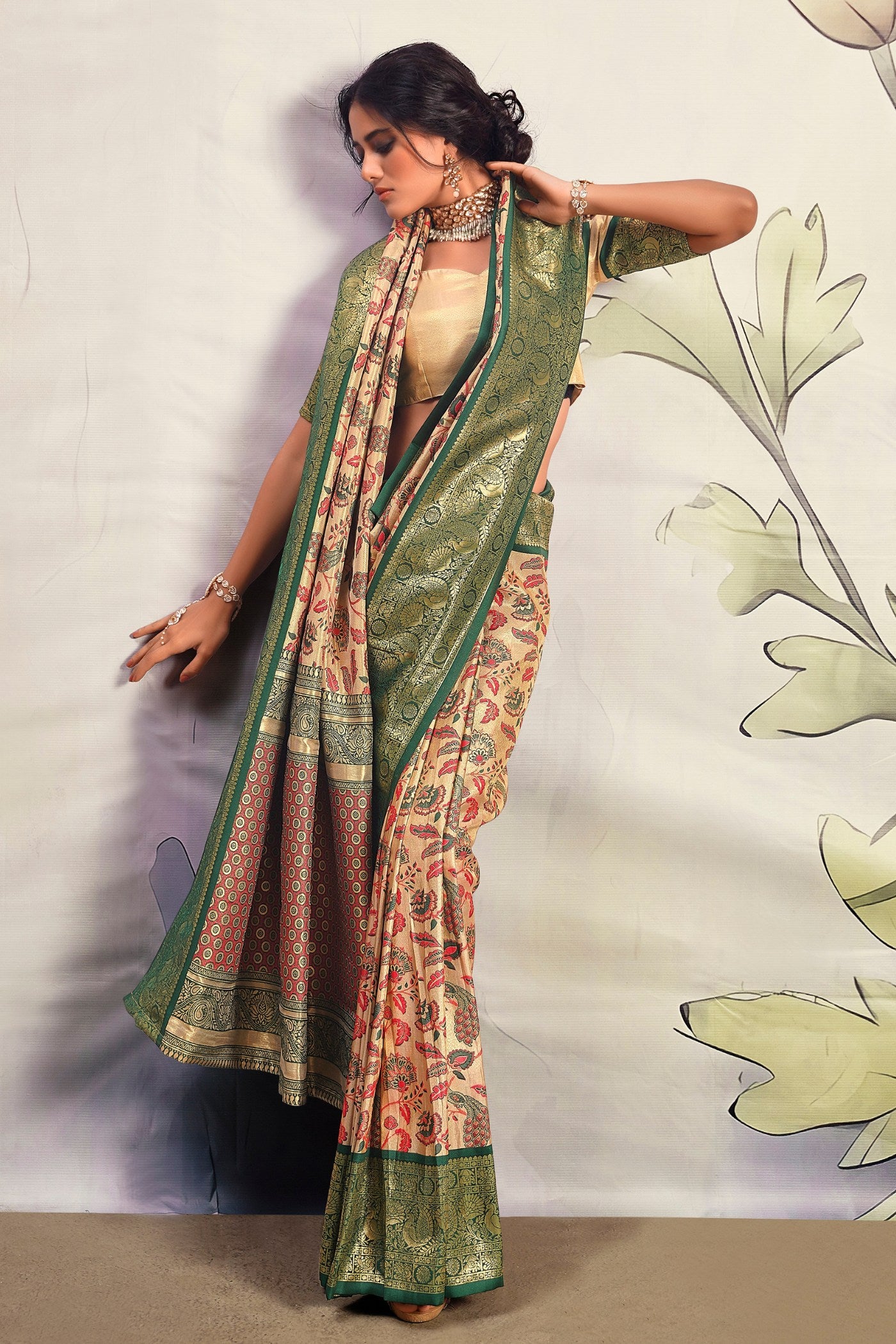 Buy MySilkLove Finlandia Green and Cream Woven Banarasi Saree Online