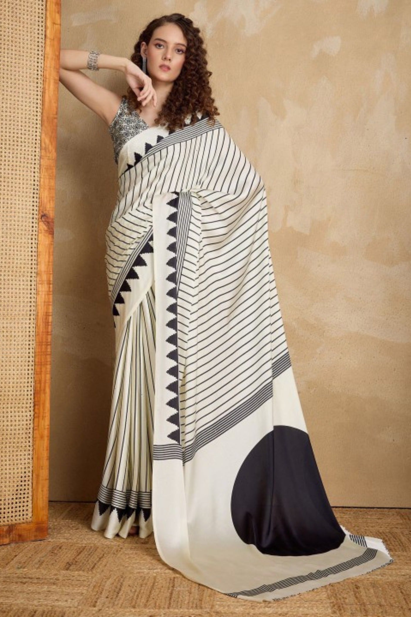 Buy MySilkLove Zebra White Ajrakh Printed Satin Crepe Silk Saree Online