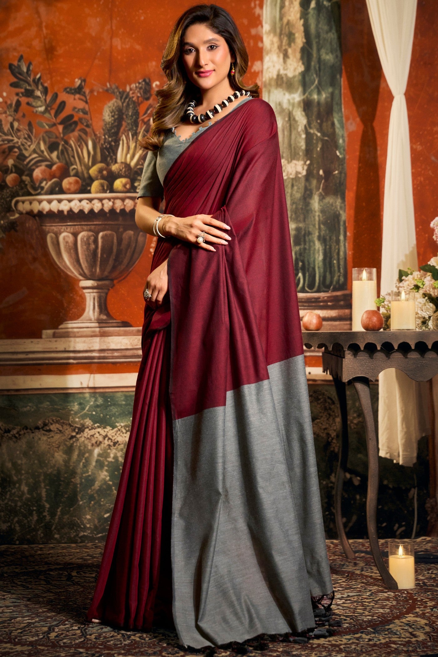 Buy MySilkLove French Maroon Handloom Mul Mul Cotton Saree Online