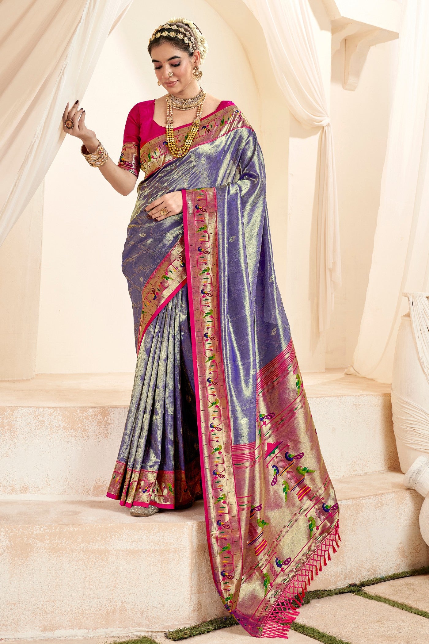 Buy MySilkLove Storm Blue Zari Woven Paithani Tissue Saree Online