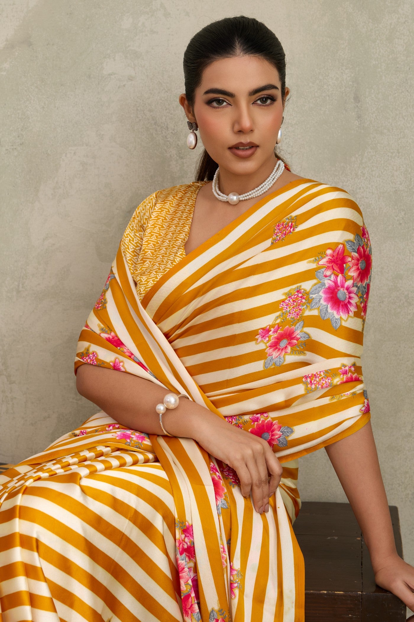 Buy MySilkLove Cyber Yellow Ajrakh Printed Satin Crepe Silk Saree Online