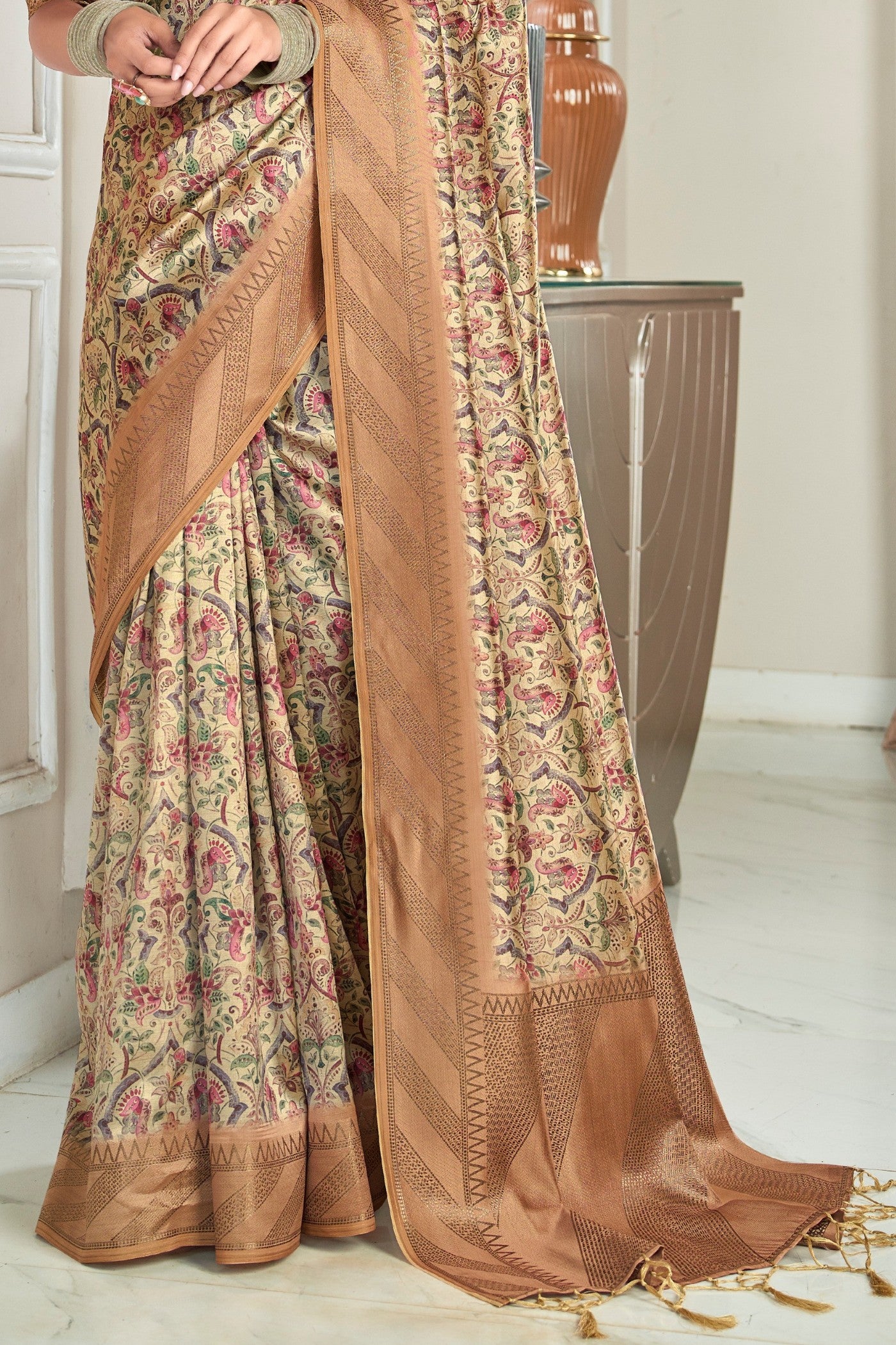 Buy MySilkLove Cameo Cream and Brown Digital Printed Banarasi Saree Online