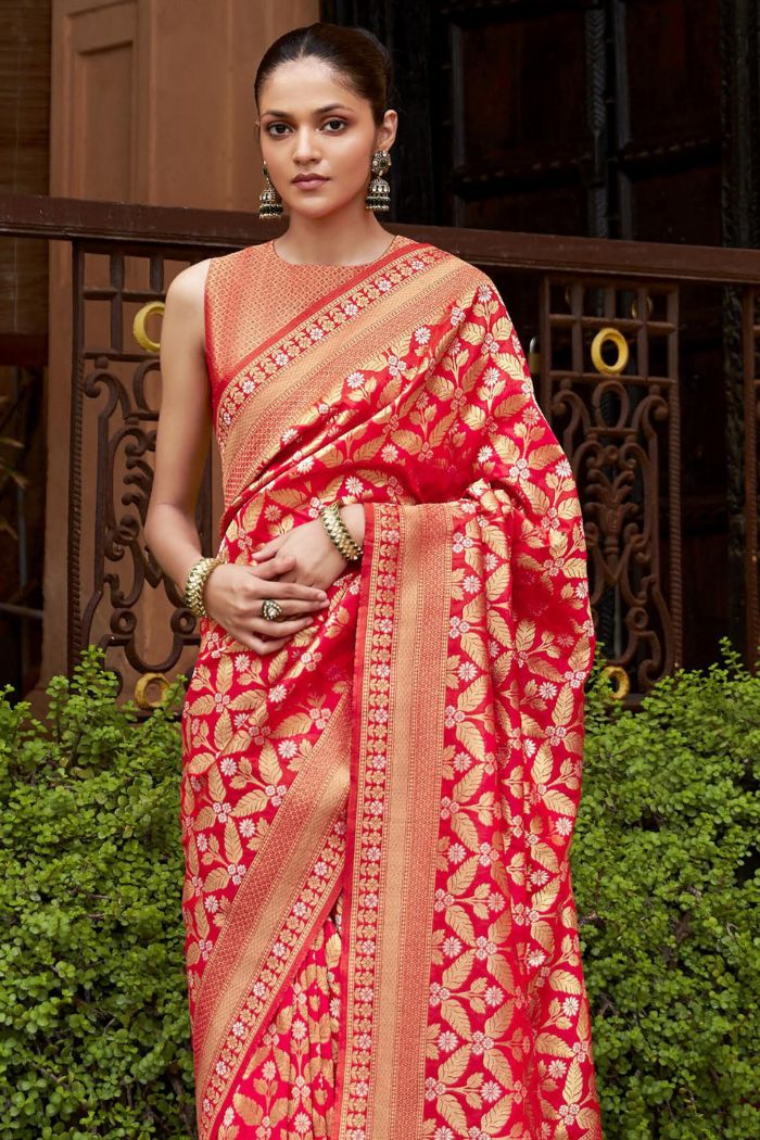 Buy MySilkLove Rose Red Woven Banarasi Saree Online