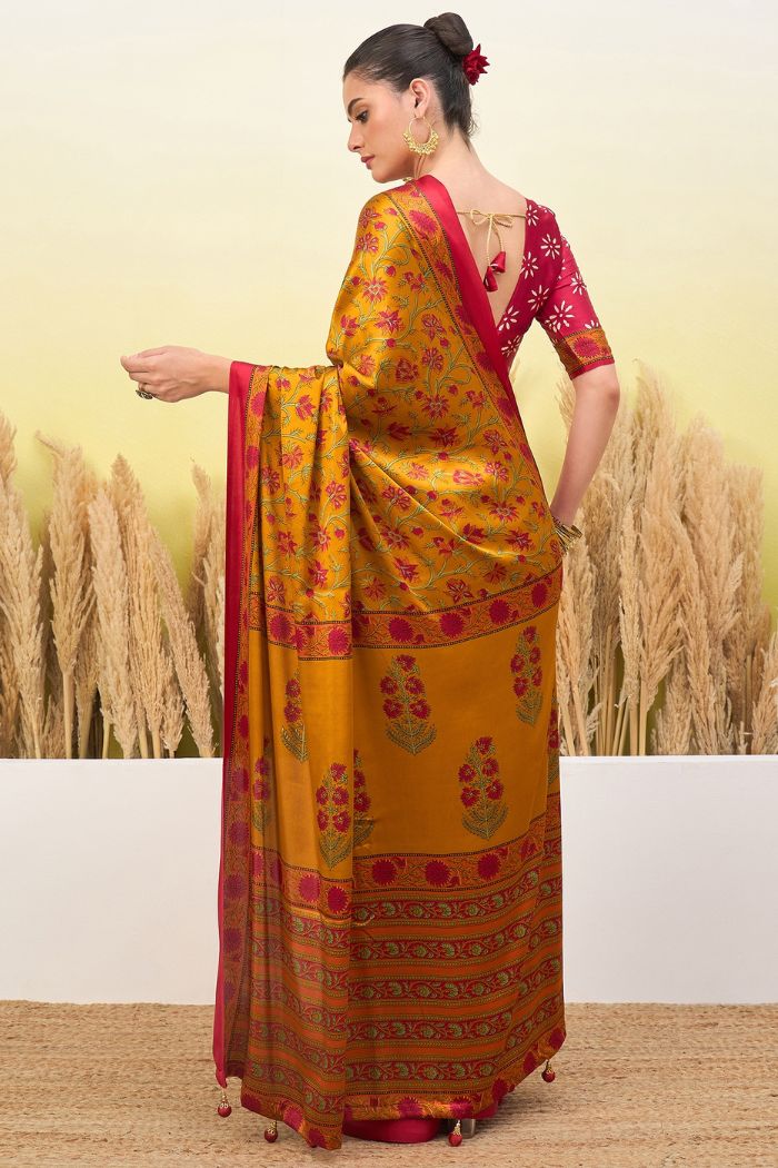 Buy MySilkLove Imperial Yellow Modal Satin Printed Silk Saree Online