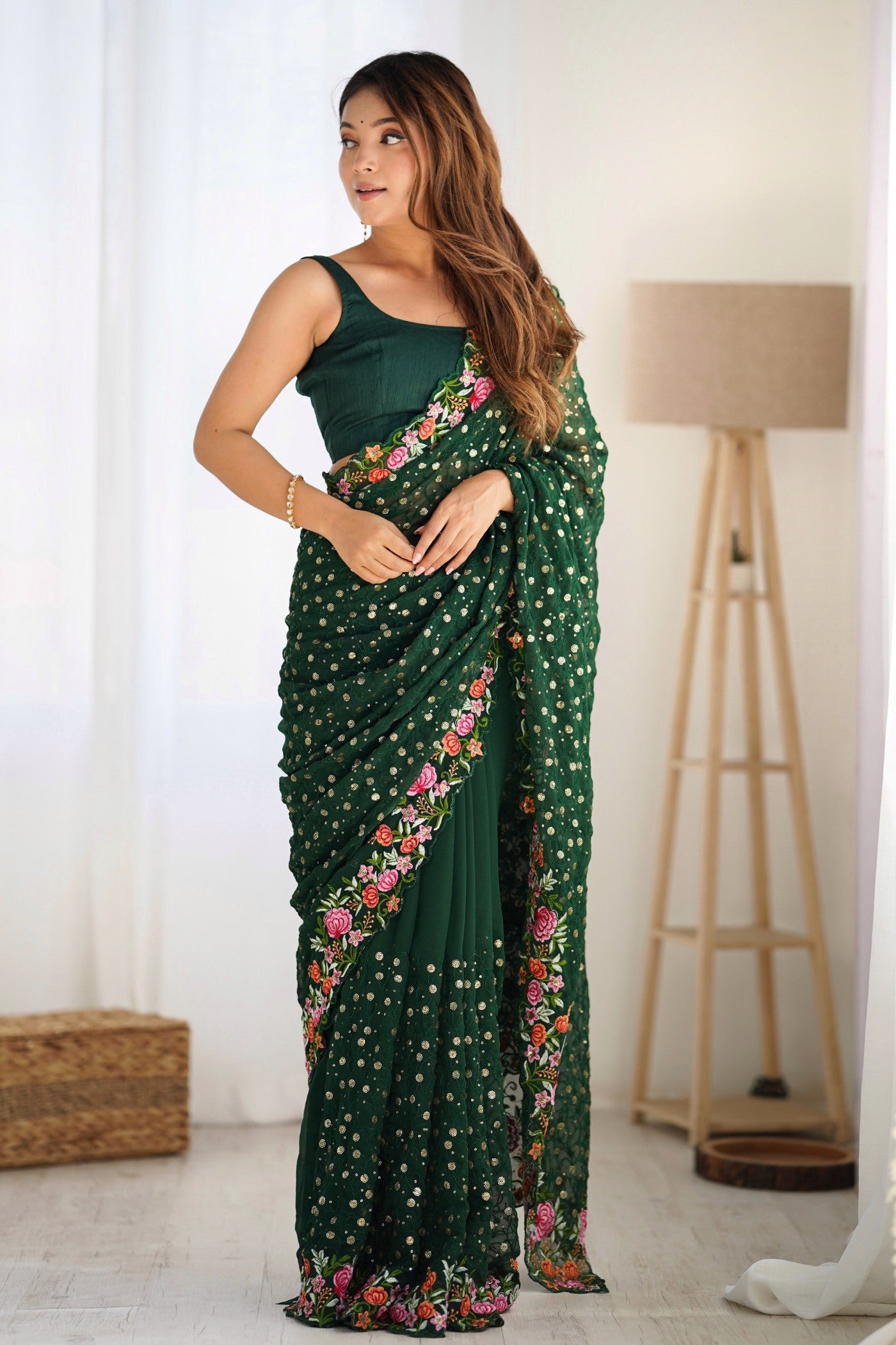 Buy MySilkLove Basil Green Embroidered Georgette Saree Online