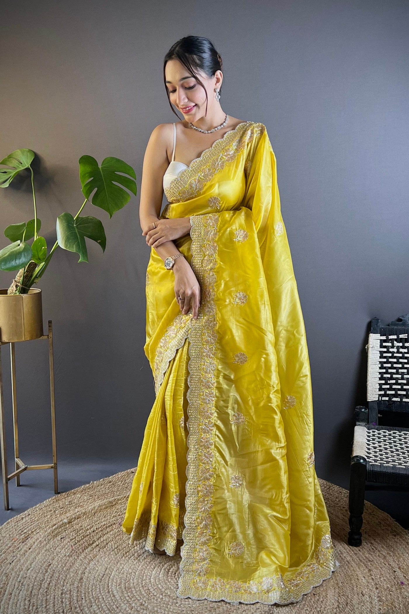 Buy MySilkLove Old Gold Yellow Embroidered Party Wear Saree Online