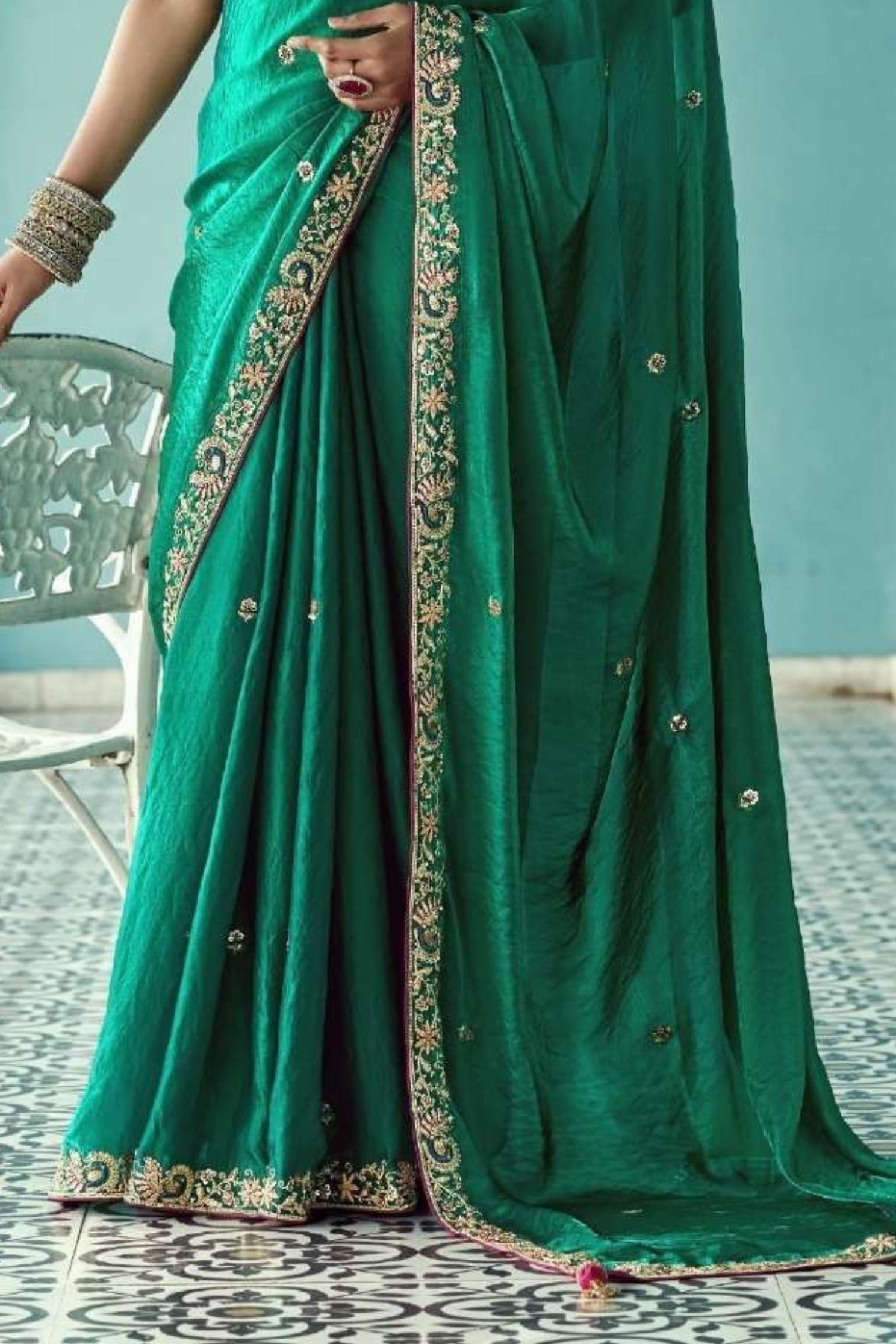 Buy MySilkLove Turtle Green Embroidered Tissue Designer Saree Online