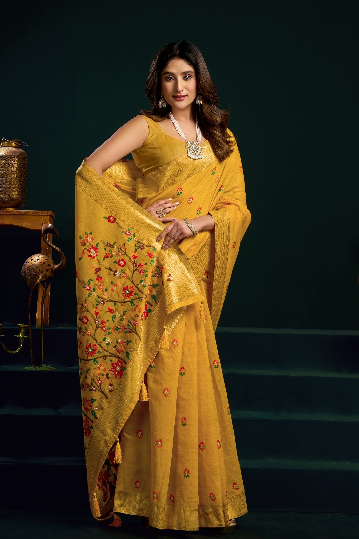 Buy MySilkLove Cyber Yellow Handloom Muga Cotton Saree Online