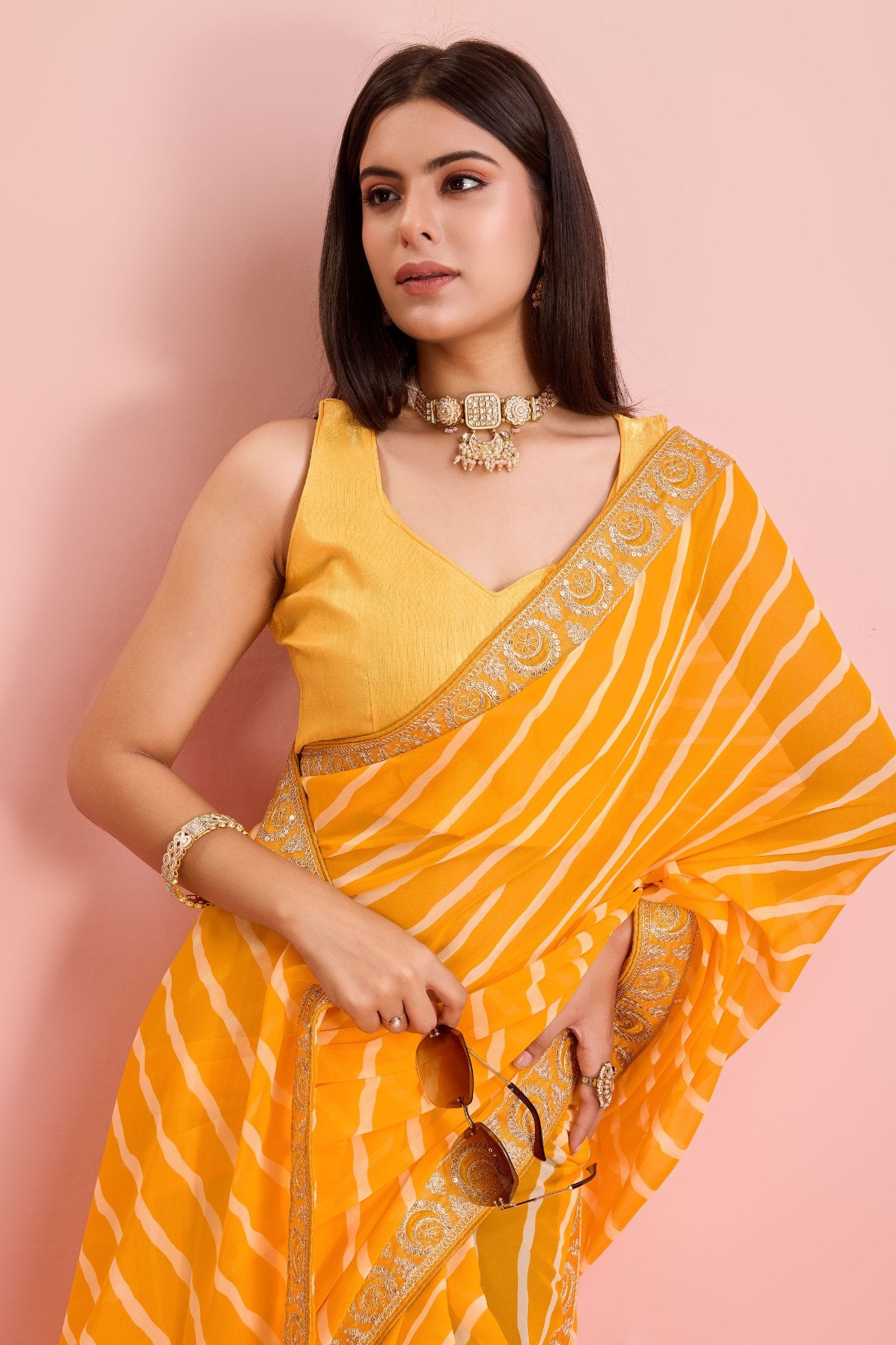 Buy MySilkLove Picasso Yellow Georgette Lehriya Silk saree Online