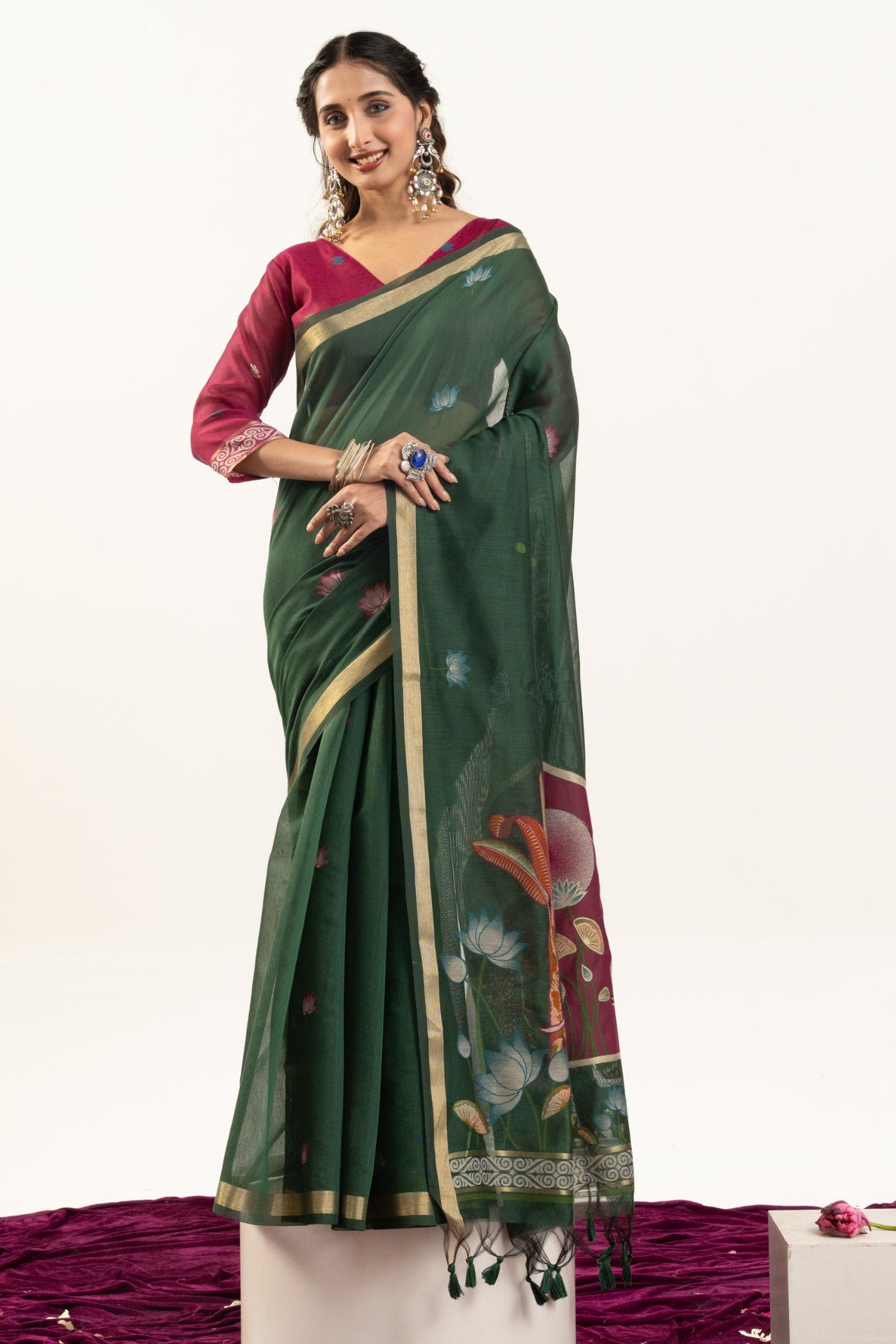 Buy MySilkLove Bottle Green Woven Soft Muga Cotton Saree Online