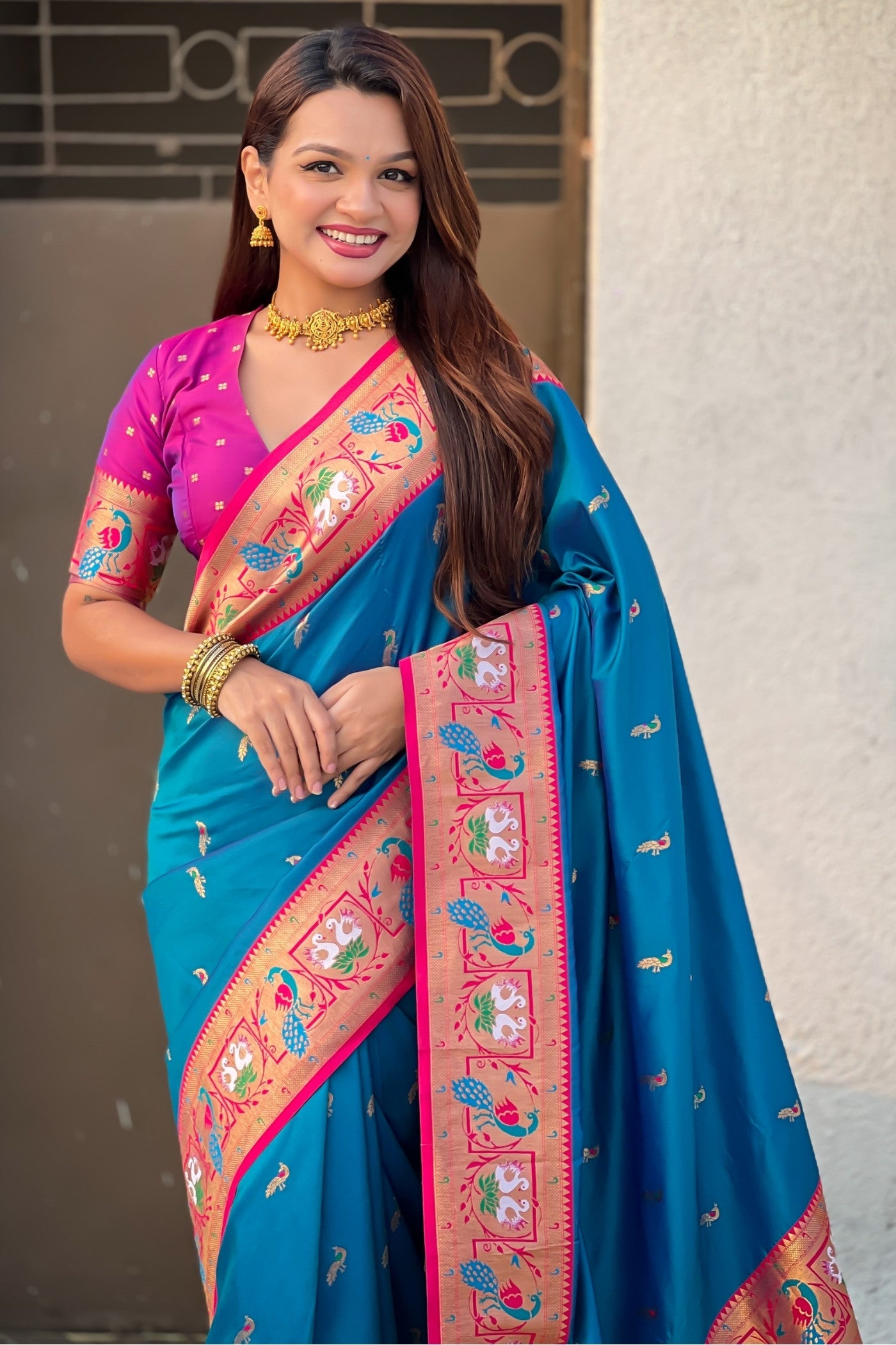 Buy MySilkLove Dusty Blue Zari Woven Paithani Saree Online