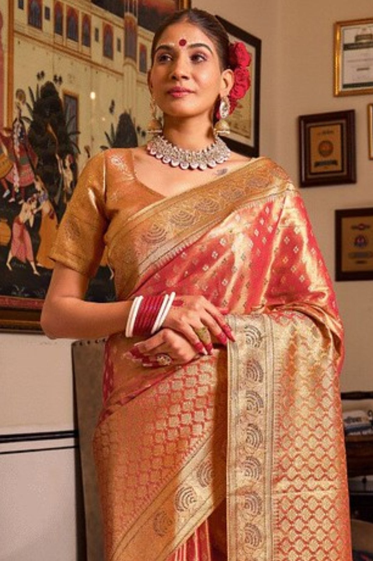 Buy MySilkLove Cedar Chest Orange Zari Woven Banarasi Saree Online