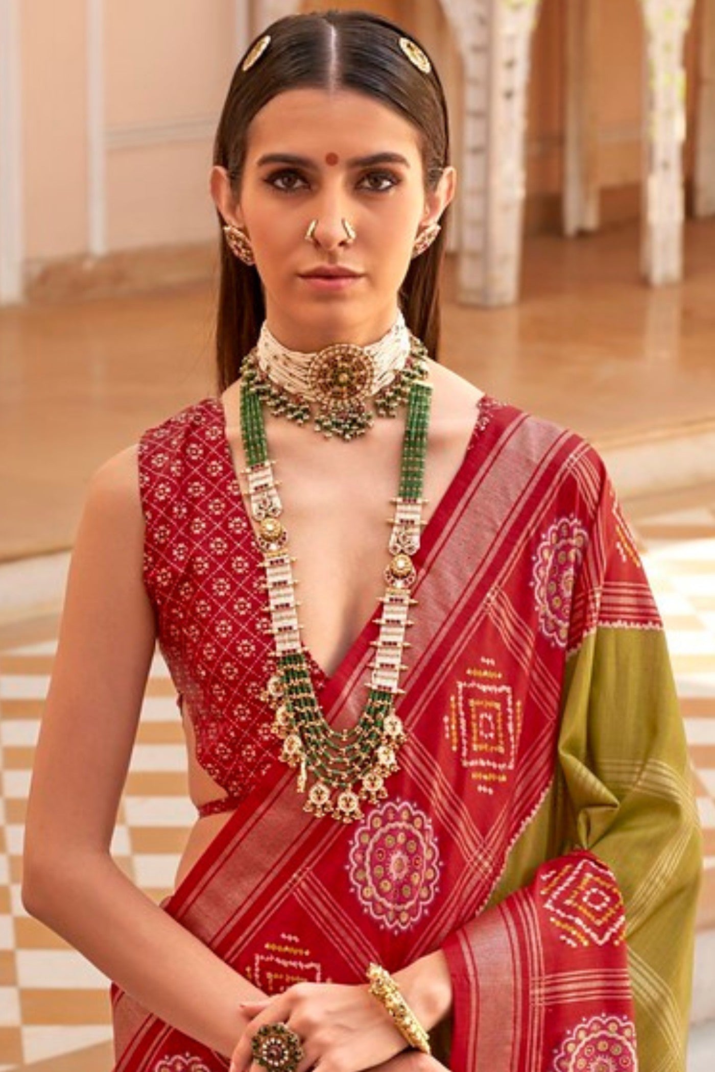 Buy MySilkLove Mehendi Green and Red Printed Patola Saree Online