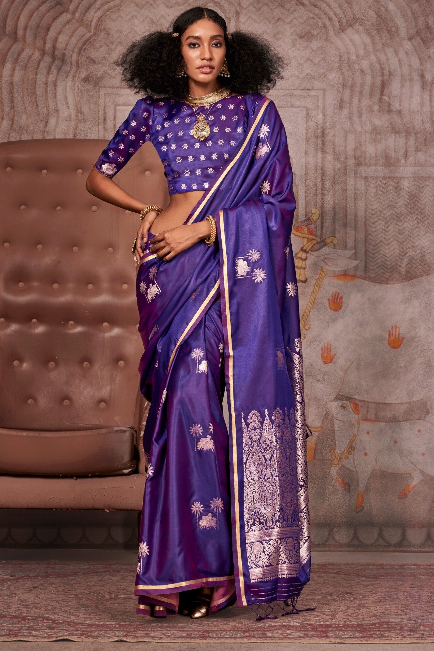 Buy MySilkLove Violet Purple Banarasi Pichwai Satin Saree Online