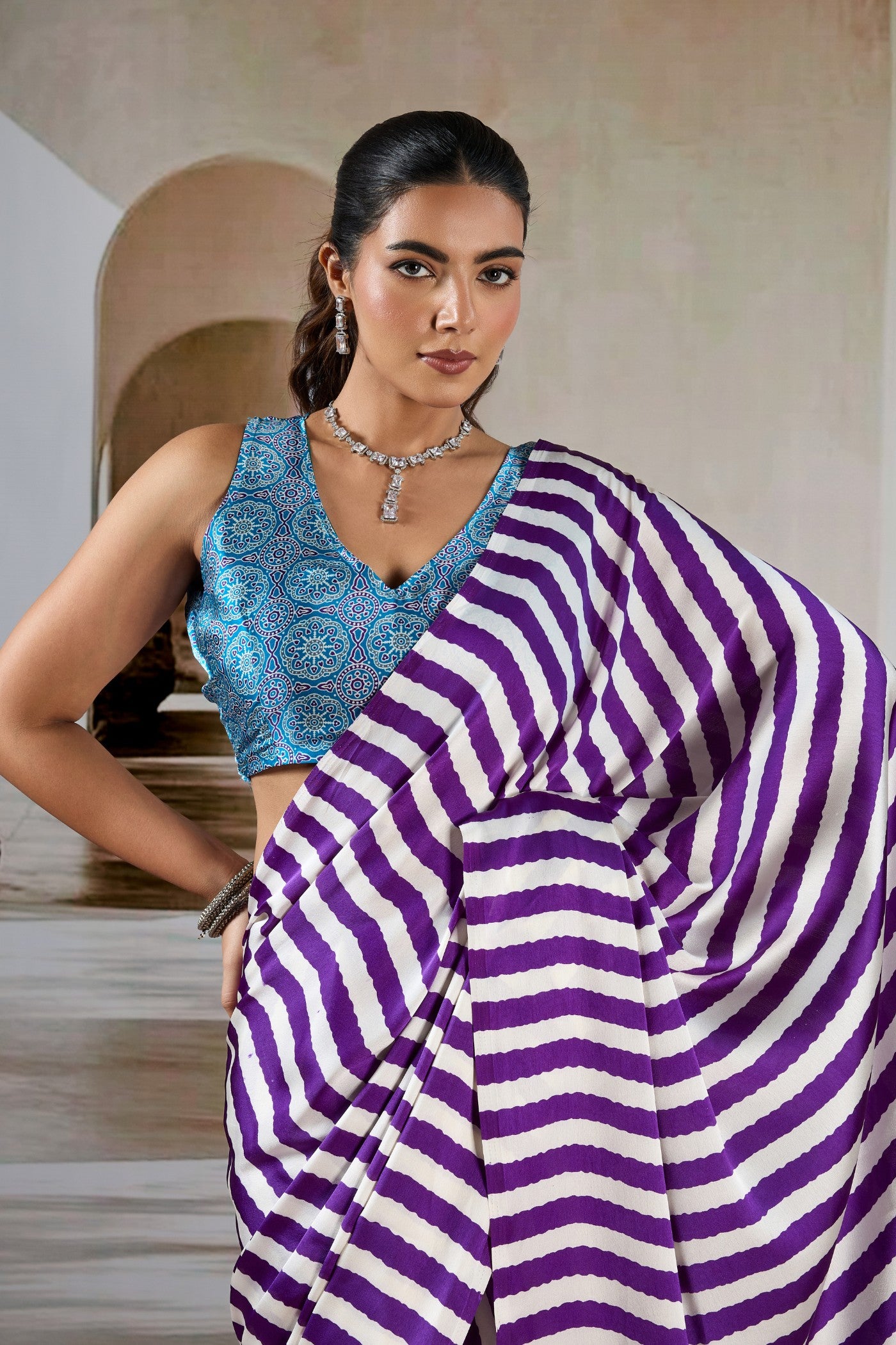 Buy MySilkLove Mist Purple Stripe Ajrakh Printed Satin Crepe Silk Saree Online